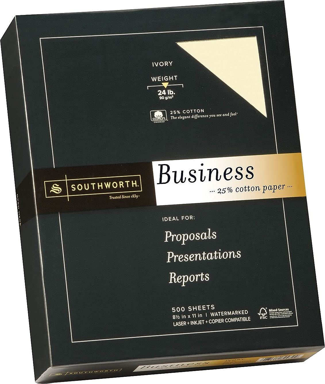 Southworth 25% Cotton Business Paper 8.5” x 11″ 24 lb/90 GSM Wove Finish Ivor…