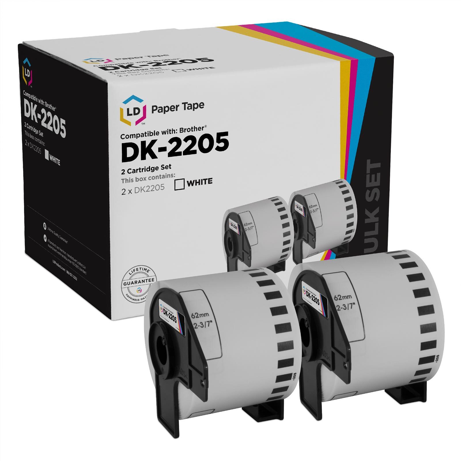 White Paper Tape for Brother DK-2205 (2.4 inch x 100 feet, White, 2-Pk)