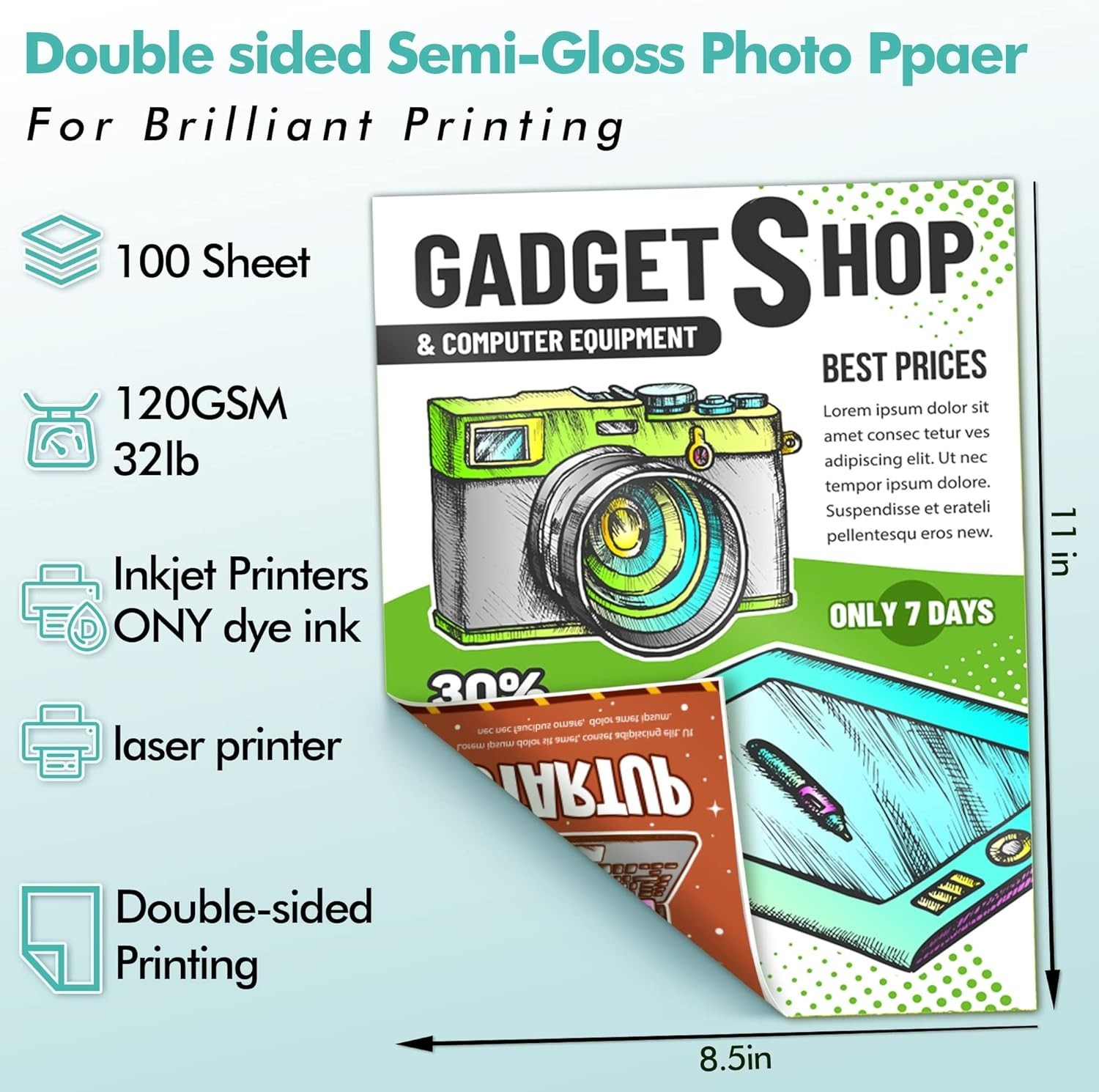 Koala Thin Double Sided Semi-Gloss Photo Paper 8.5×11 Inch 100 Sheets 32lb