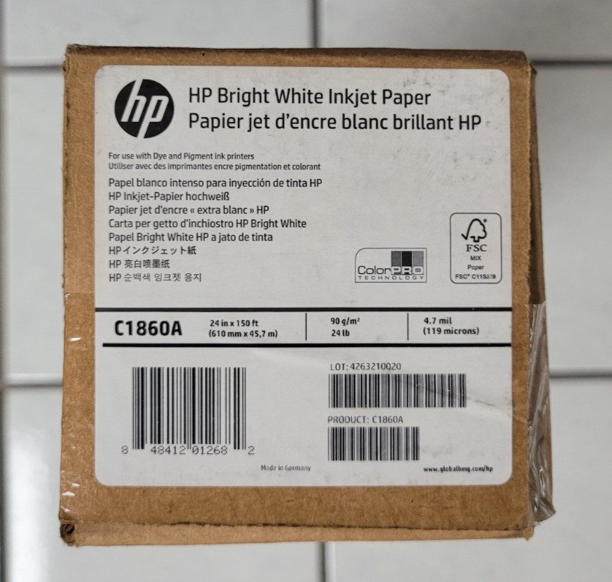(1) HP C1860A Bright White Inkjet Paper 24″ X 150′ – 1 Roll 7lb