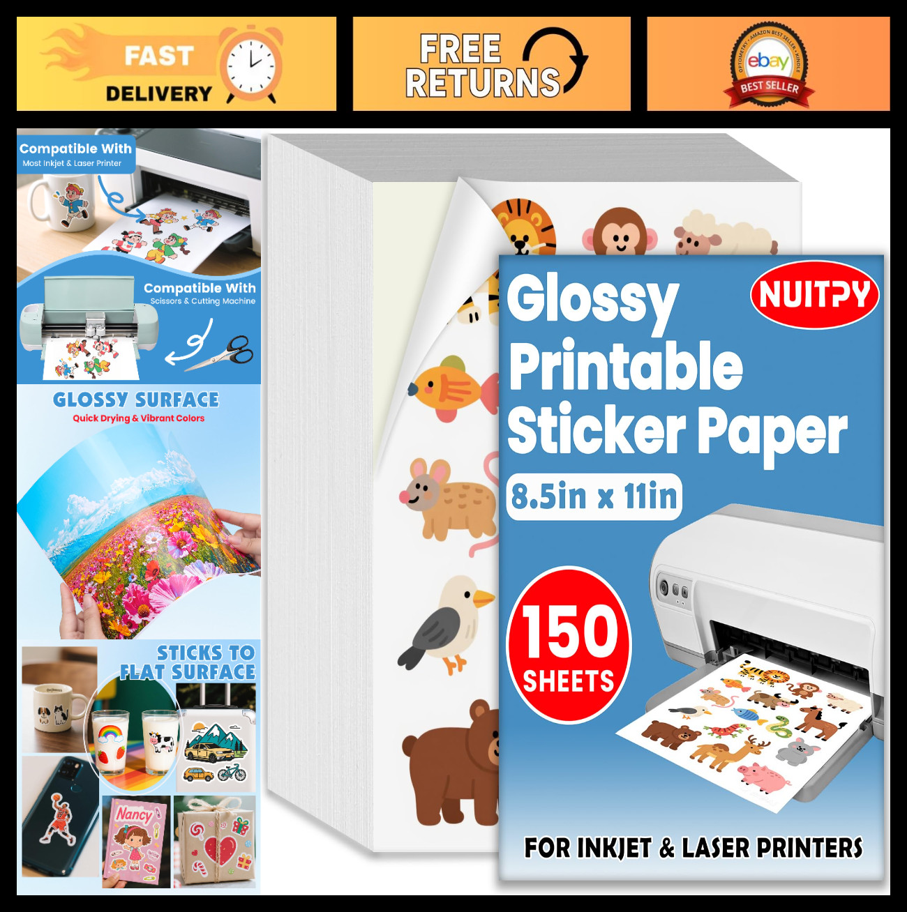 150 Sheets Glossy Sticker Paper 8.5″x11″ for Inkjet & Laser Printers, Quick-Dry,