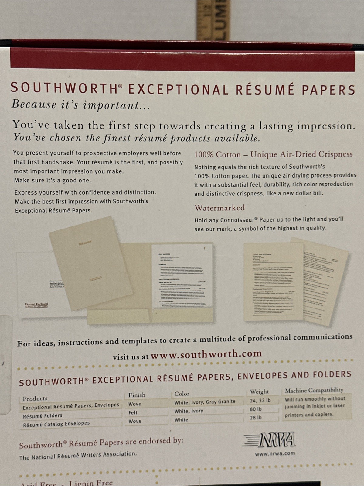 Southworth 100% Cotton Resume Paper Ivory 24 lbs. 8-1/2 x 11 Wove 100/Box R14ICF