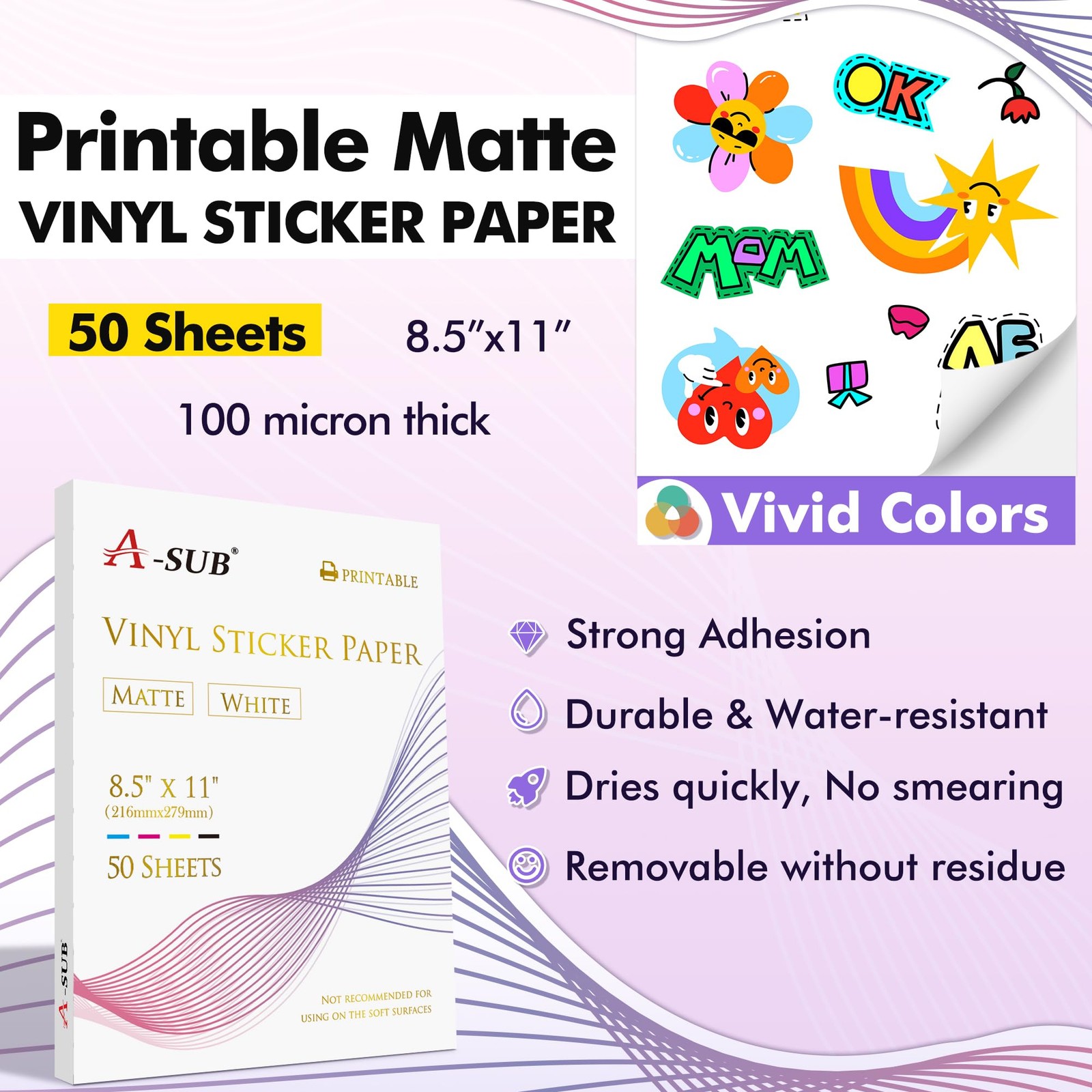 Premium Printable Vinyl Sticker Paper for Inkjet Printers, 50 Sheets Matte Wh