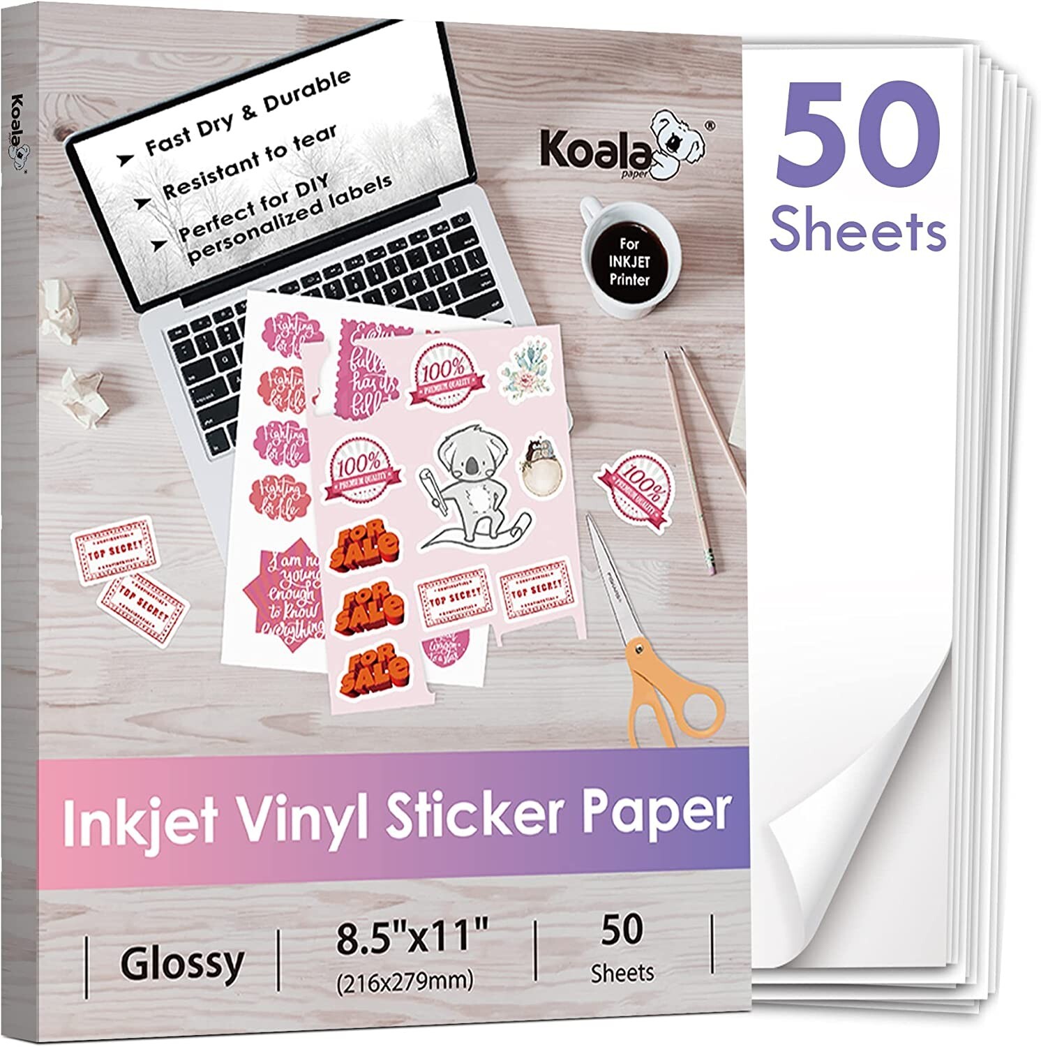 Koala Printable Vinyl Sticker Paper for Inkjet Printer – 50 Sheets White Glossy