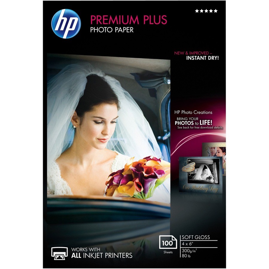 HP Premium Plus Photo Paper For Inkjet 4″ x 6″ 80 lb Soft Gloss White CR666A