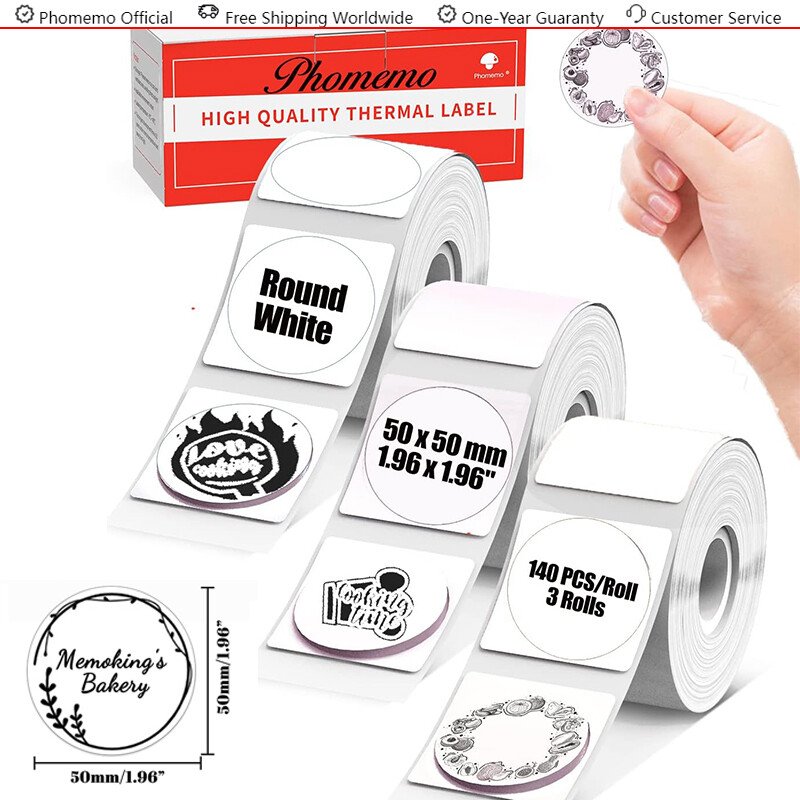 3-ROLL Phomemo Clear Round/Circle Thermal Label Paper 50x50mm for M200/M220/M221