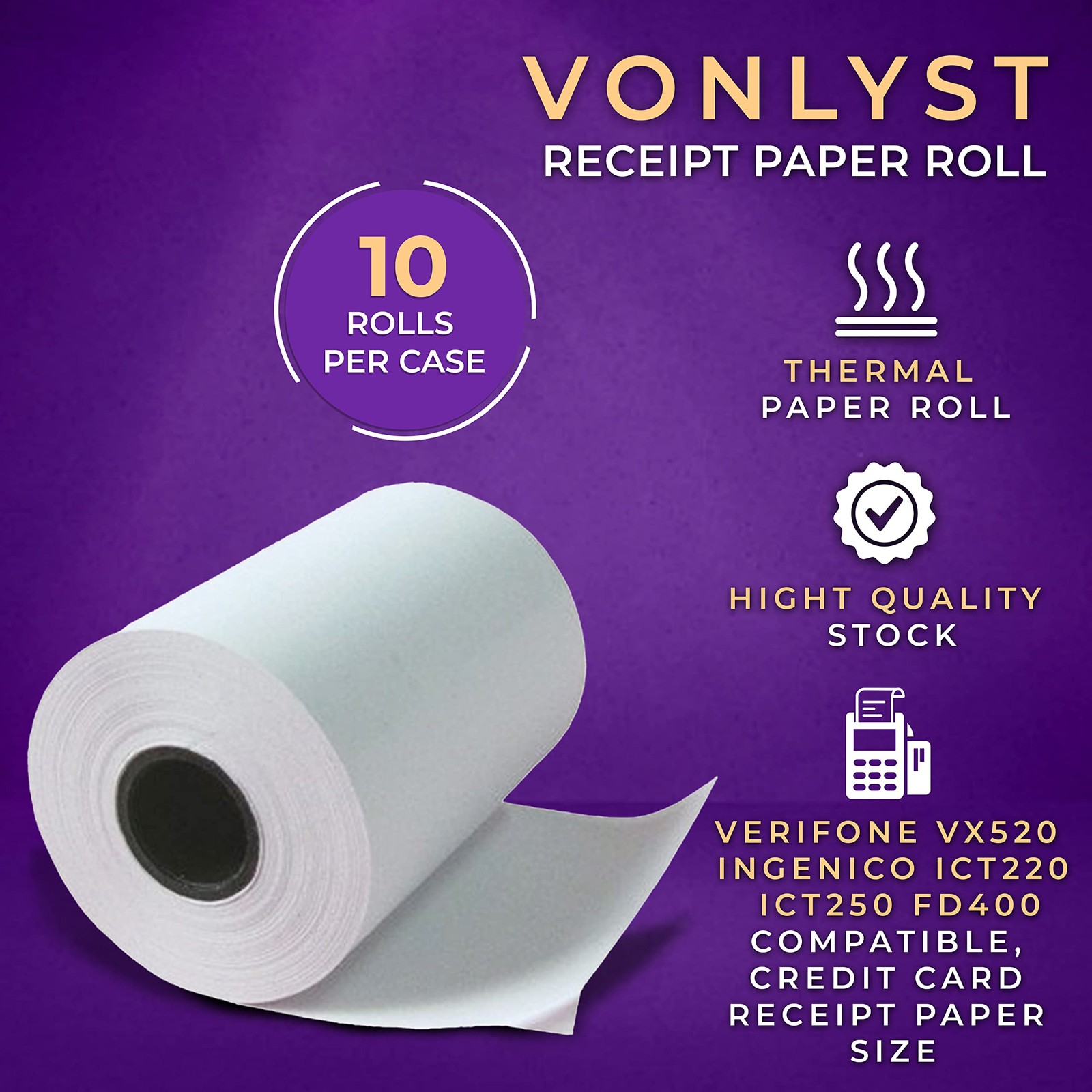 Vonlyst Thermal Paper Roll 2 1/4 X 55 for Verifone Vx520 10 rolls, White