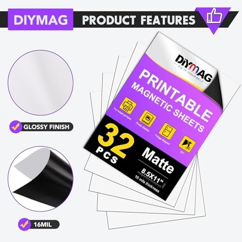 DIYMAG Printable Magnetic Sheets 32 Pack 8.5×11 Matte for Inkjet Printers