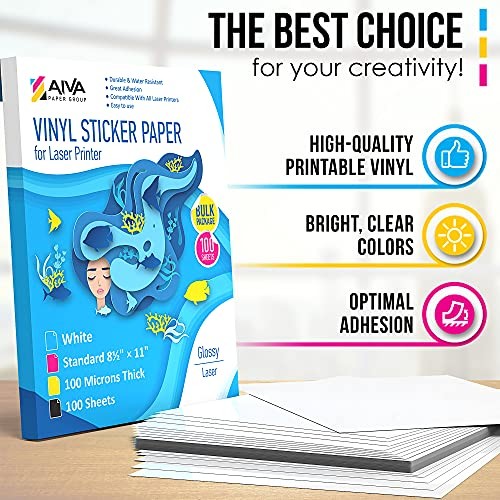 100pk Glossy White Printable Vinyl Sticker Paper for Laser Printer 8.5″x11″ Wate