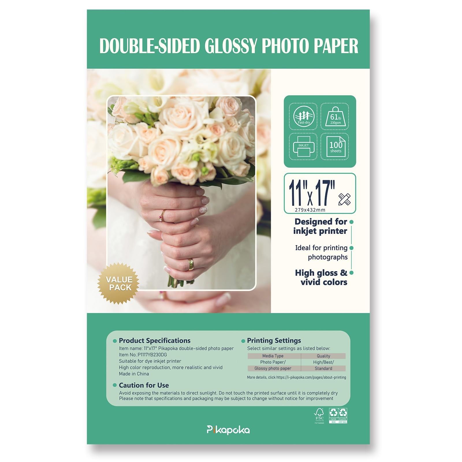 100 PCS Double Sided Glossy Photo Paper 11×17 Inch 61LB for Inkjet Card