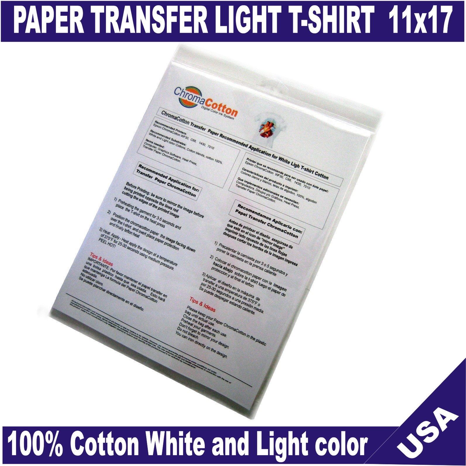100 Sheets ChromaCotton Transfer Paper 11×17 for White Light T-shirt 100%Cotton