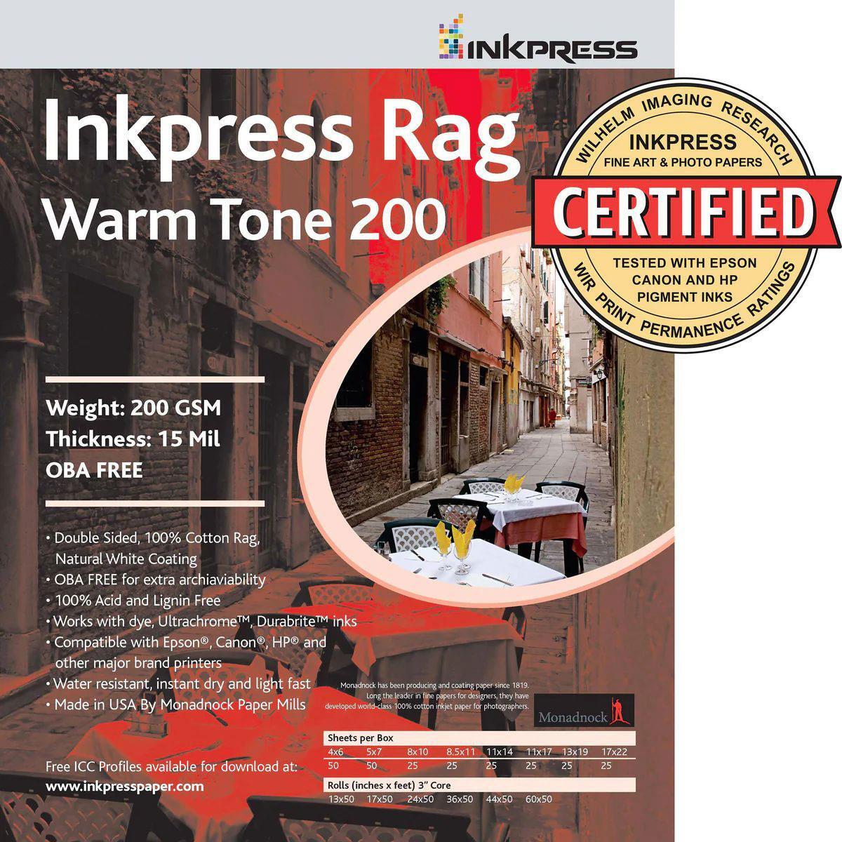 Inkpress Rag Warm Tone 200 Matte Fine Art Paper (8×10″), 25 Sheets Double-Sided