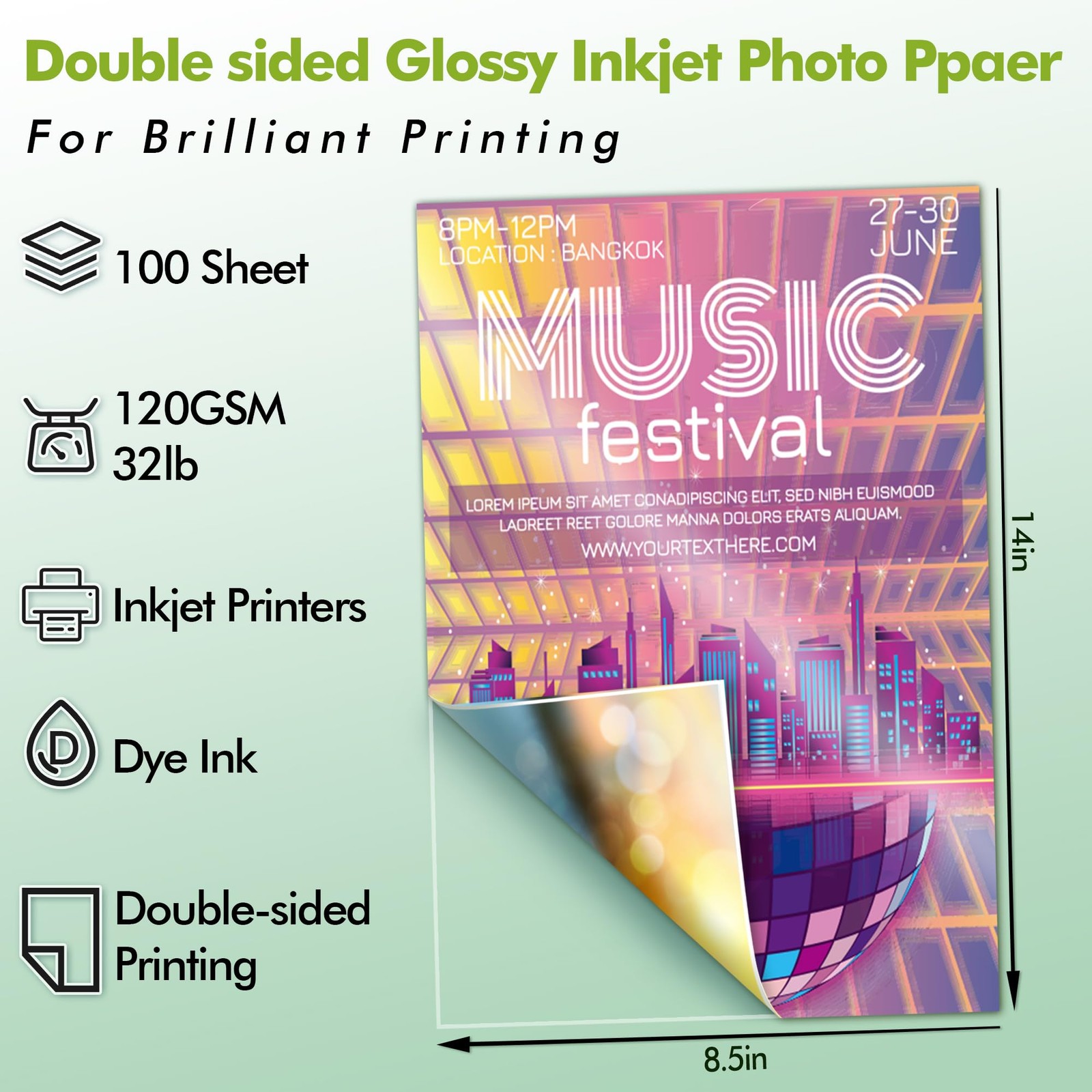 Double Side Thin Glossy Photo Paper 8.5×14 Inch Legal 120gsm 32LB 100 PCS