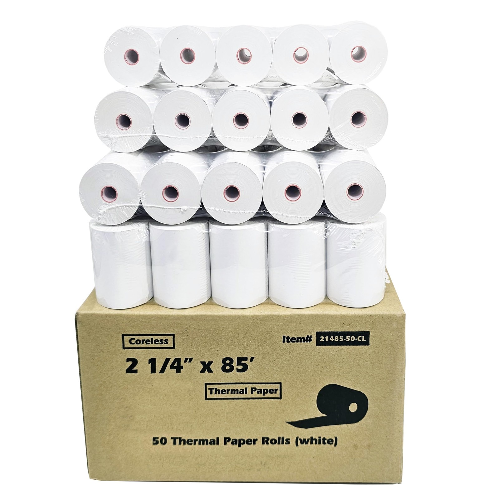 (50 Coreless Rolls) 2 1/4 x 85 Thermal Paper Receipt Rolls fits all white