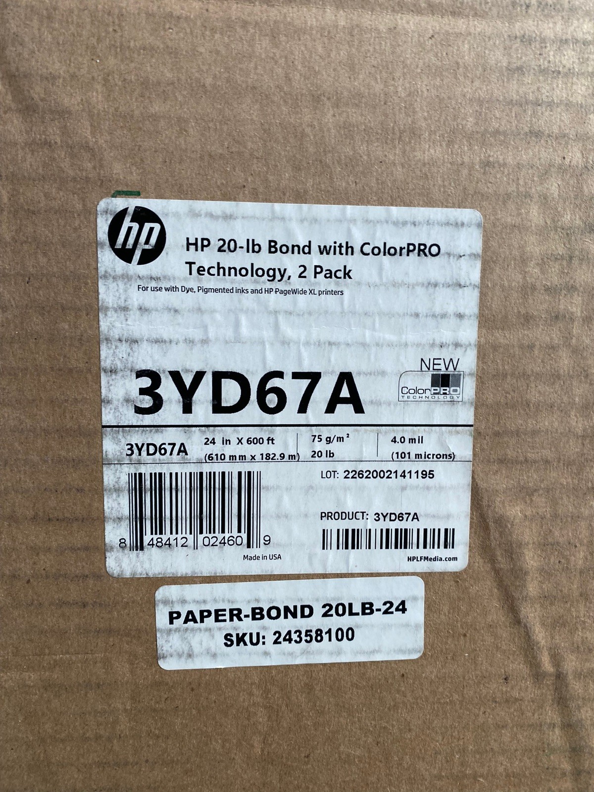 2 Pack HP 20-lb Bond with ColorPRO Technology 24in x 500ft for PageWide Printers