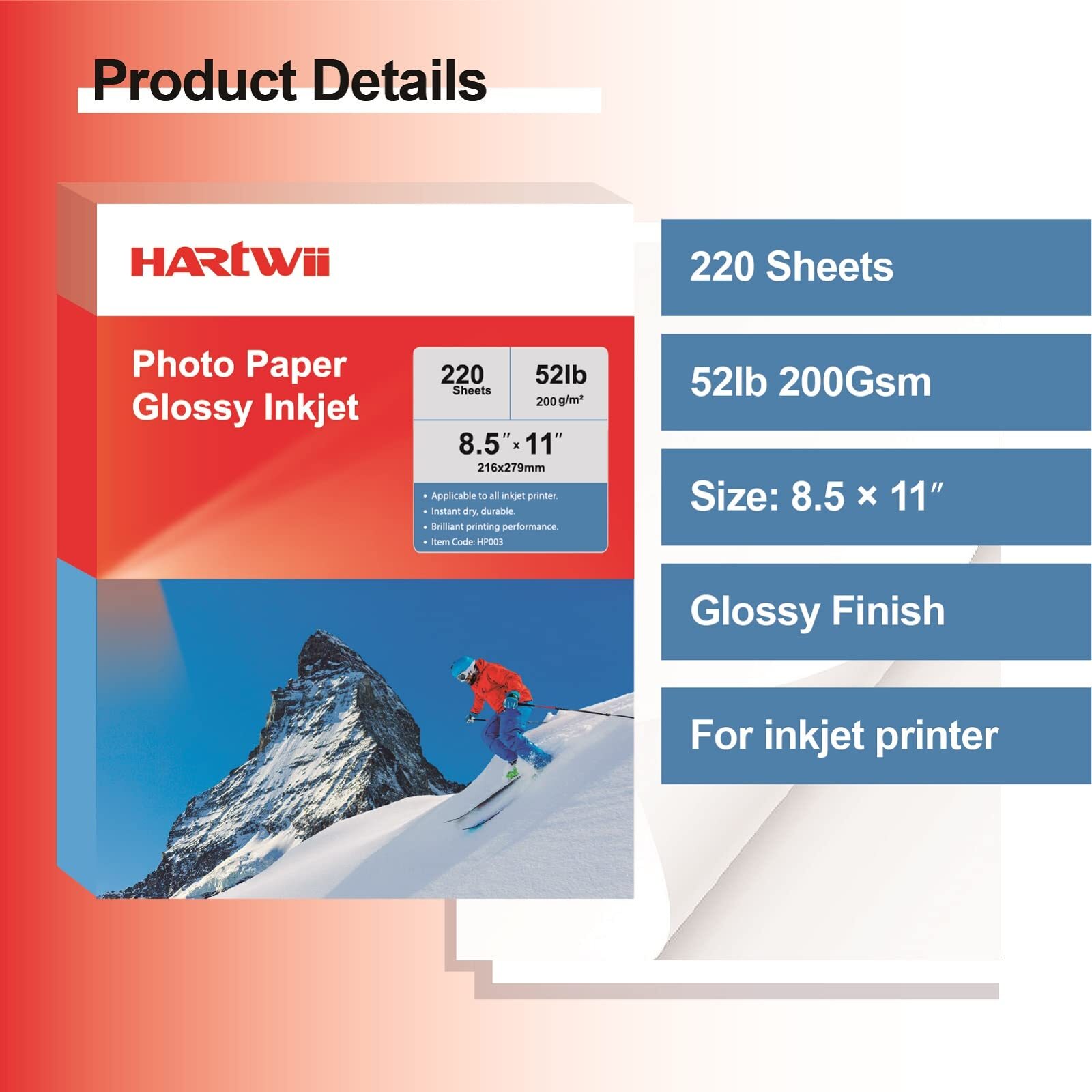 Photo Paper Glossy Inkjet 8.5 x 11 Inch 220 Pack 200gsm Professional Quality