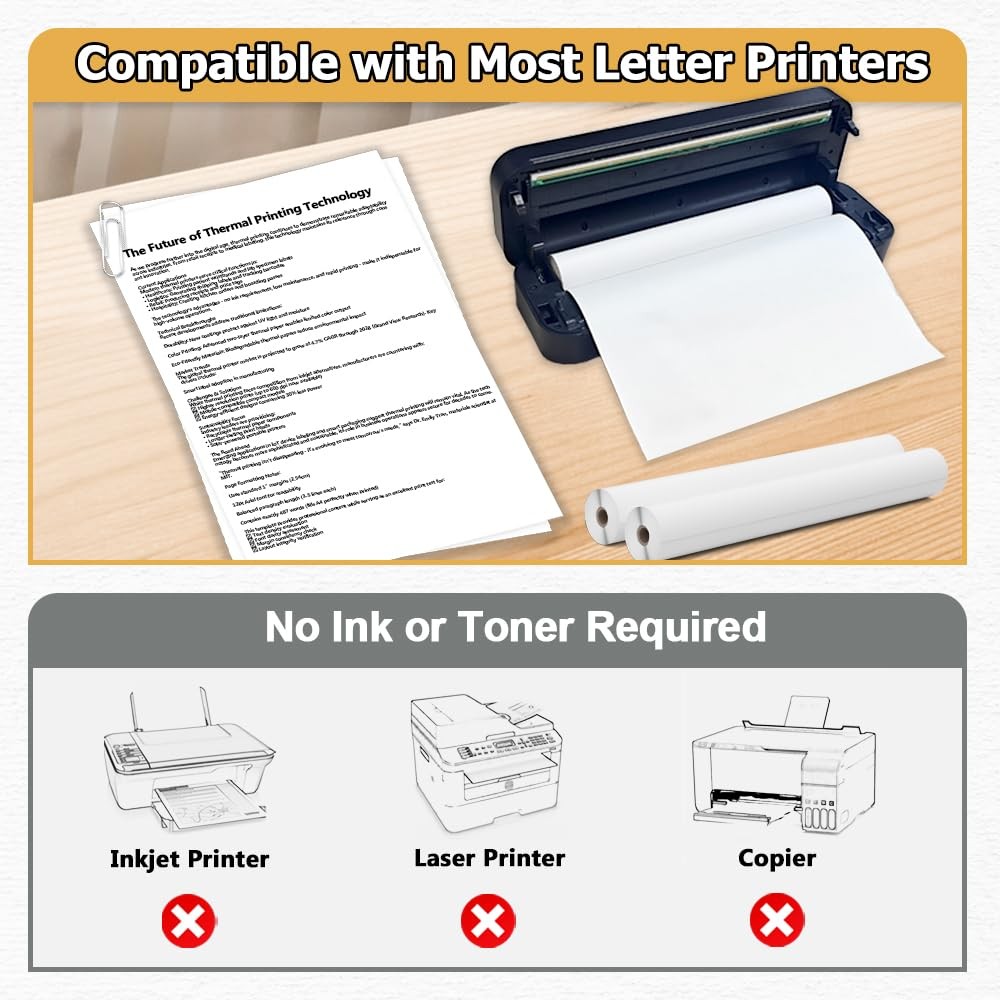 4 Rolls Thermal Paper 8.5’’ x 11’’ for Portable Printer, 8.5 Inches, White