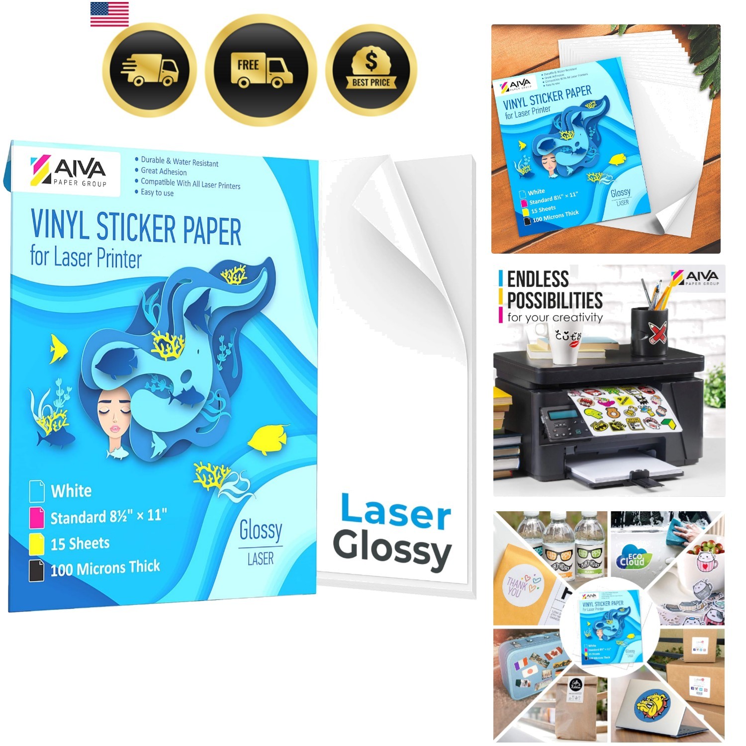 Printable Vinyl Sticker Paper for Laser Printer – Glossy White – 15 Self-Adhe…