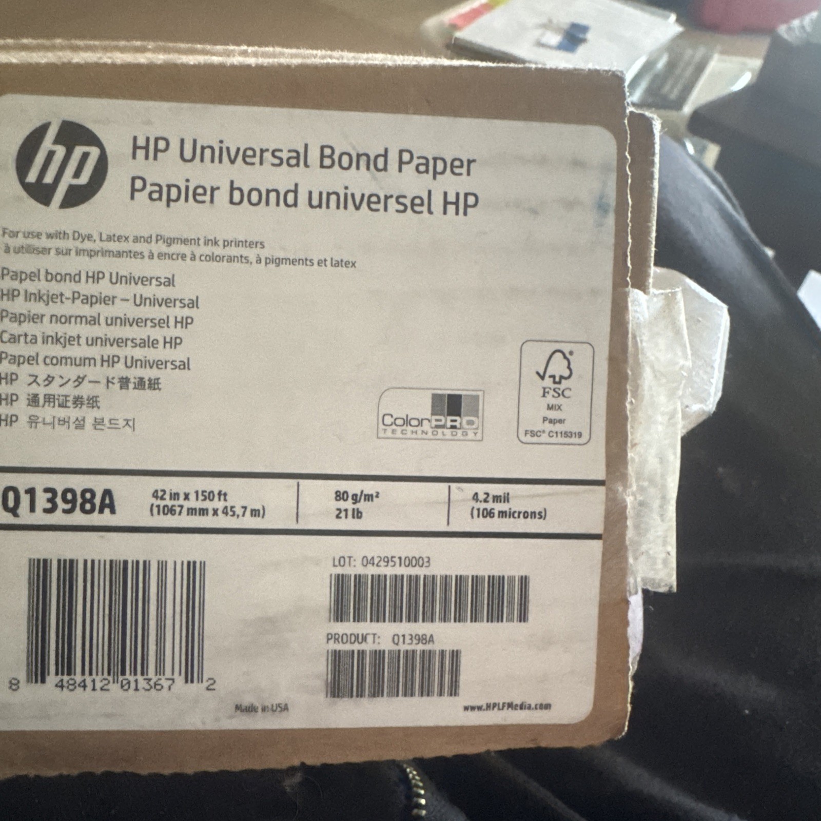 HP Q1398A, Universal Bond Paper (42 in x 150 ft) – 4.2 mil-Color Pro-NEW-Sealed
