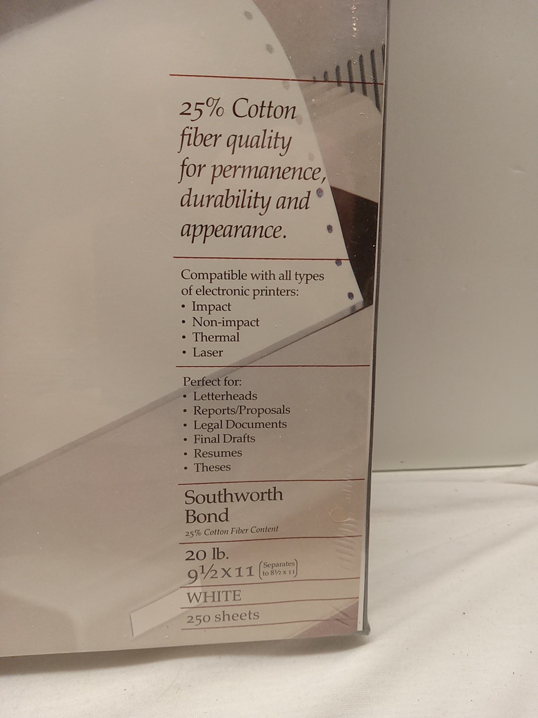 Southworth – Watermark Continuous 25% Cotton Fiber Content Paper JCL353C – NEW