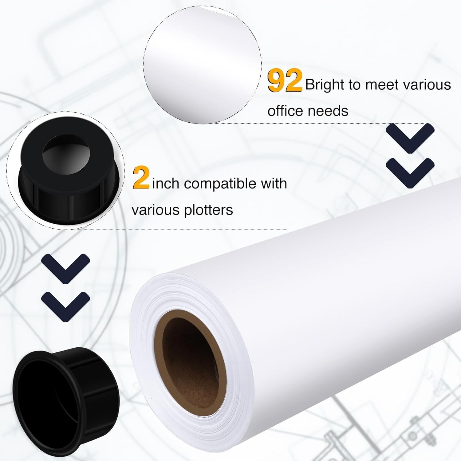 Wide Format Paper Plotter Paper 4 Rolls 24 in x 150 ft CAD Bond Rolls 2″Core