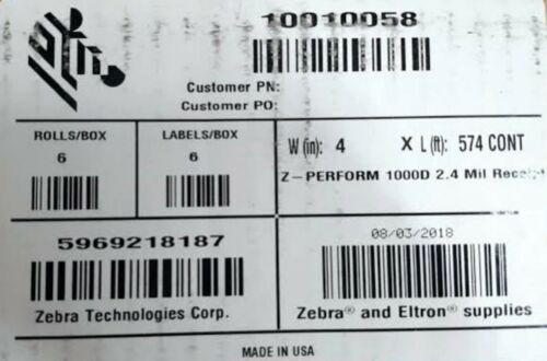 Zebra Z-PERFORM 1000D 2.4 Mil RECEIPT PAPER 4″ x 575′, 6 ROLLS #10010058