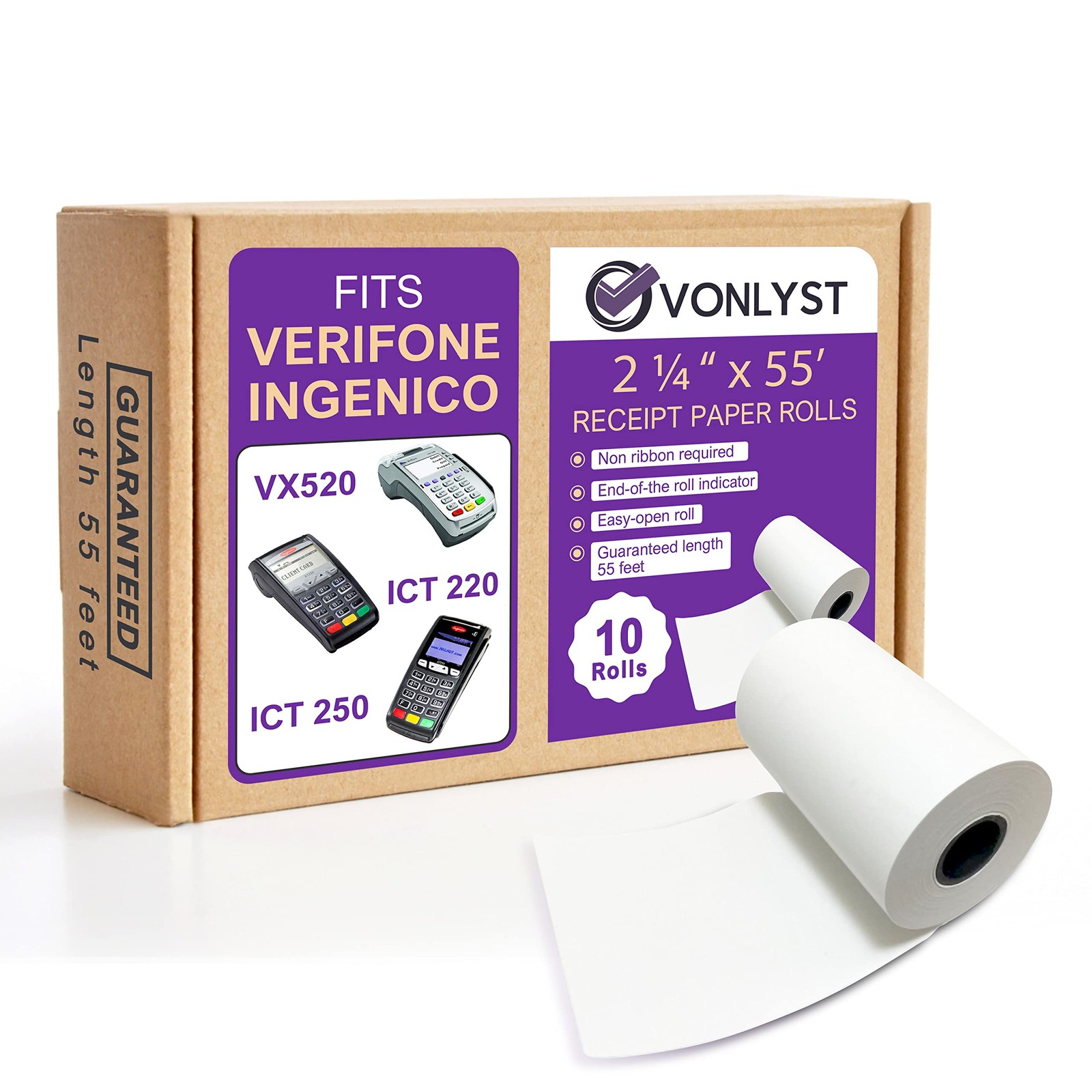 Vonlyst Thermal Paper Roll 2 1/4 X 55 for Verifone Vx520 10 rolls, White