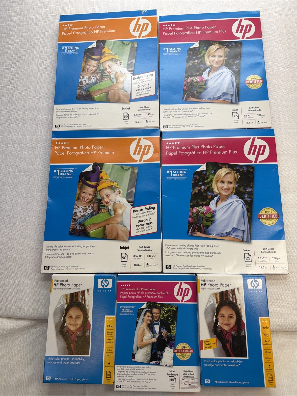 Genuine HP Premium Plus Photo Paper LOT Sheets New 4×6 5×7 8.5×11 LOT of 7 Boxes