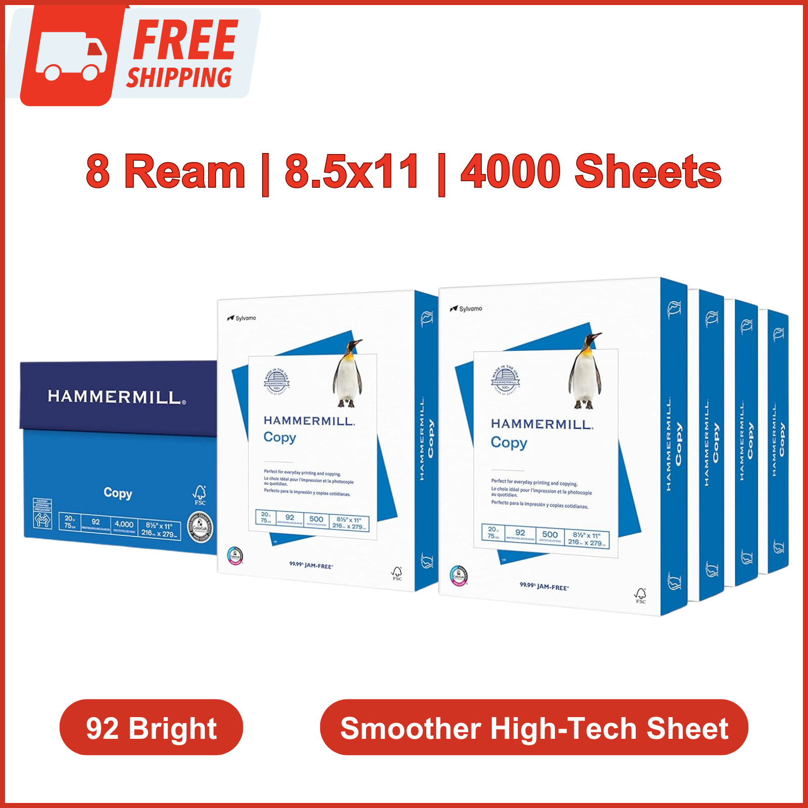 Hammermill Printer Paper 20LB Copy Paper 8.5×11, 8 Ream (4,000 Sheets) 92 Bright