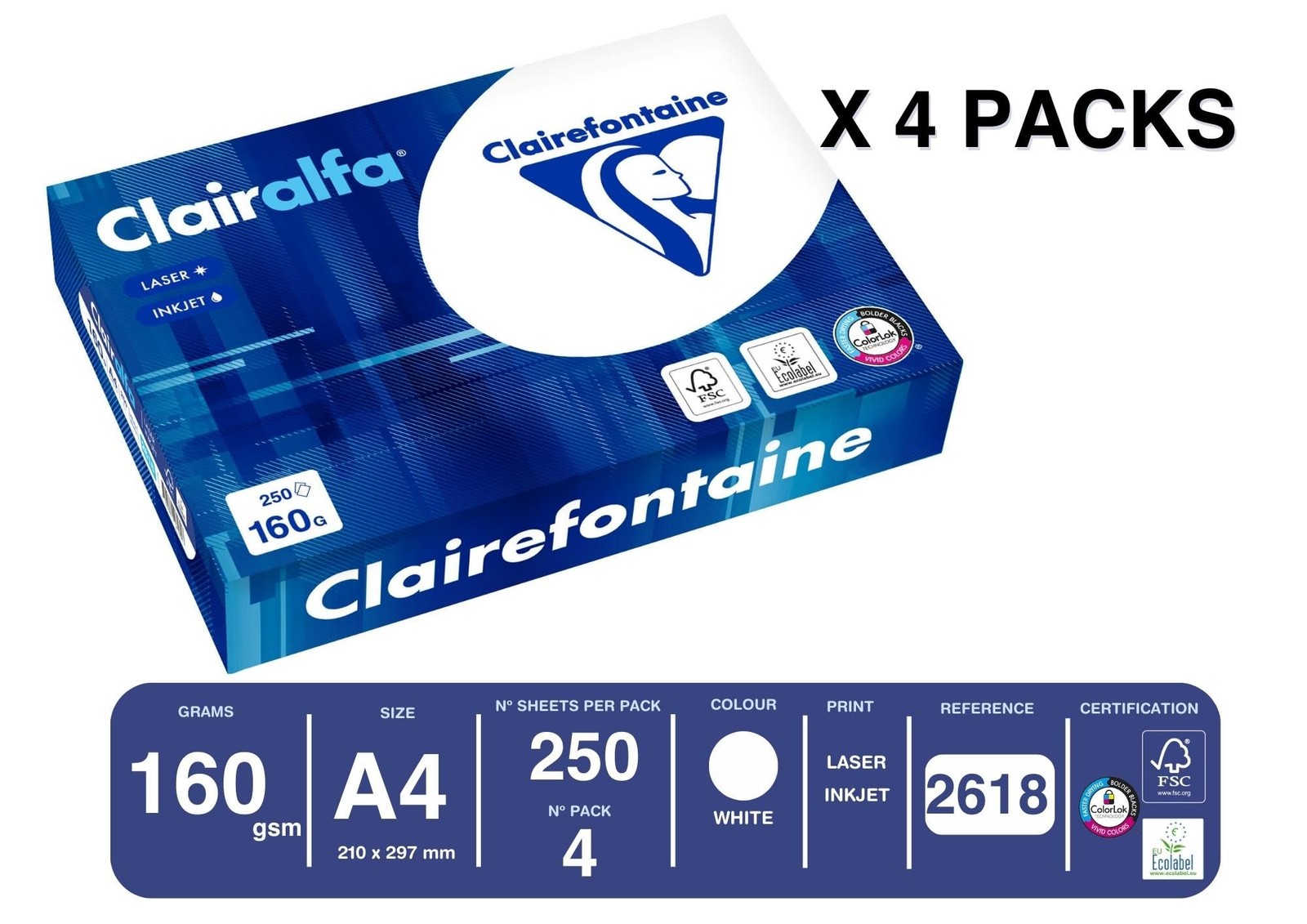 2618C Box of 4 Ream Printer Paper / Copy Paper Clairalfa, Extra White, D…