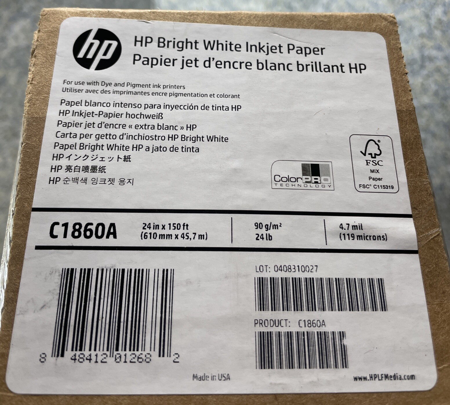 Roll 24″x150′ 24lb HP Bright White Inkjet Paper ColorPro Technology Dye&Pigment