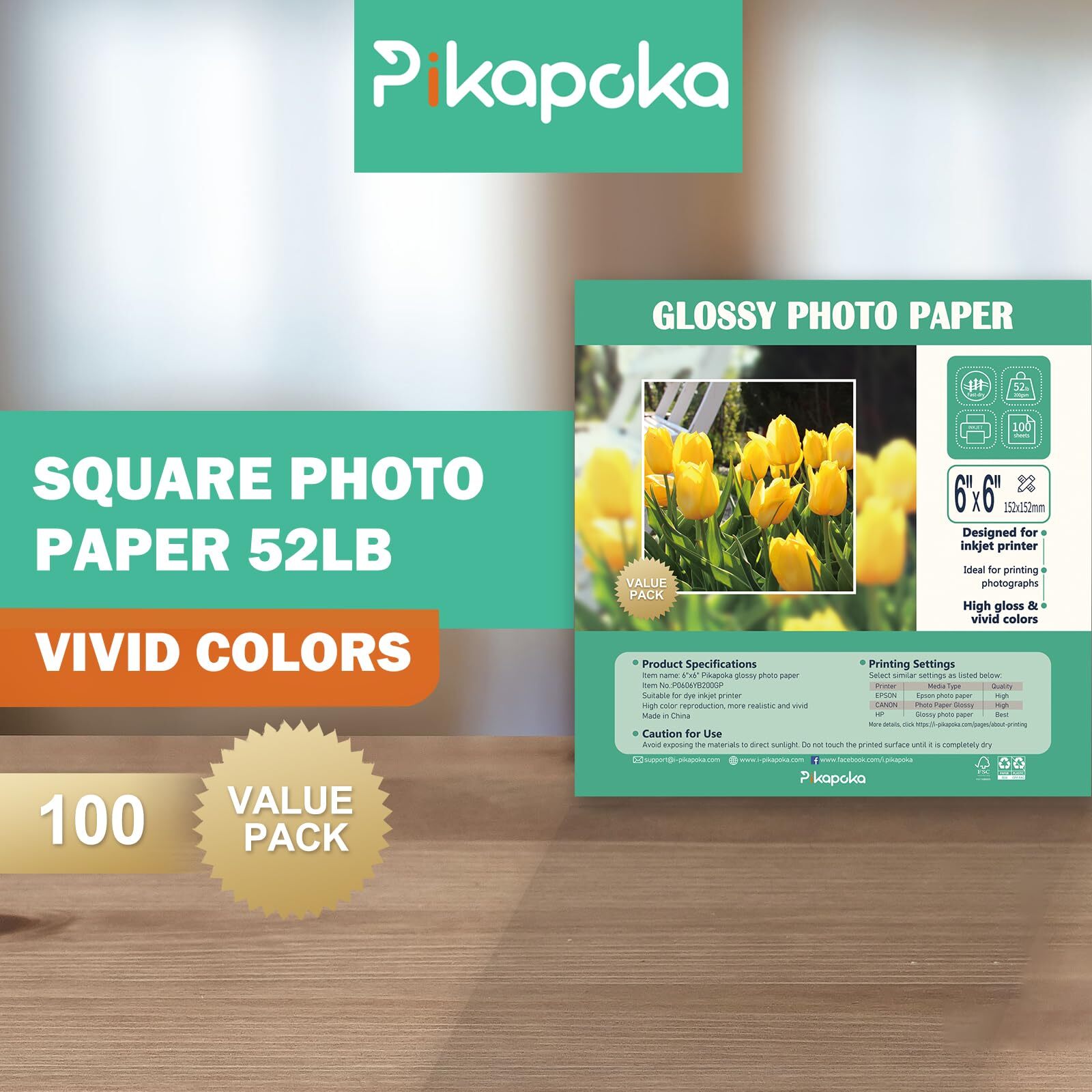 100 Pack 6×6 Glossy Photo Paper 52lb Square 200gsm Dye Inkjet Printer Set