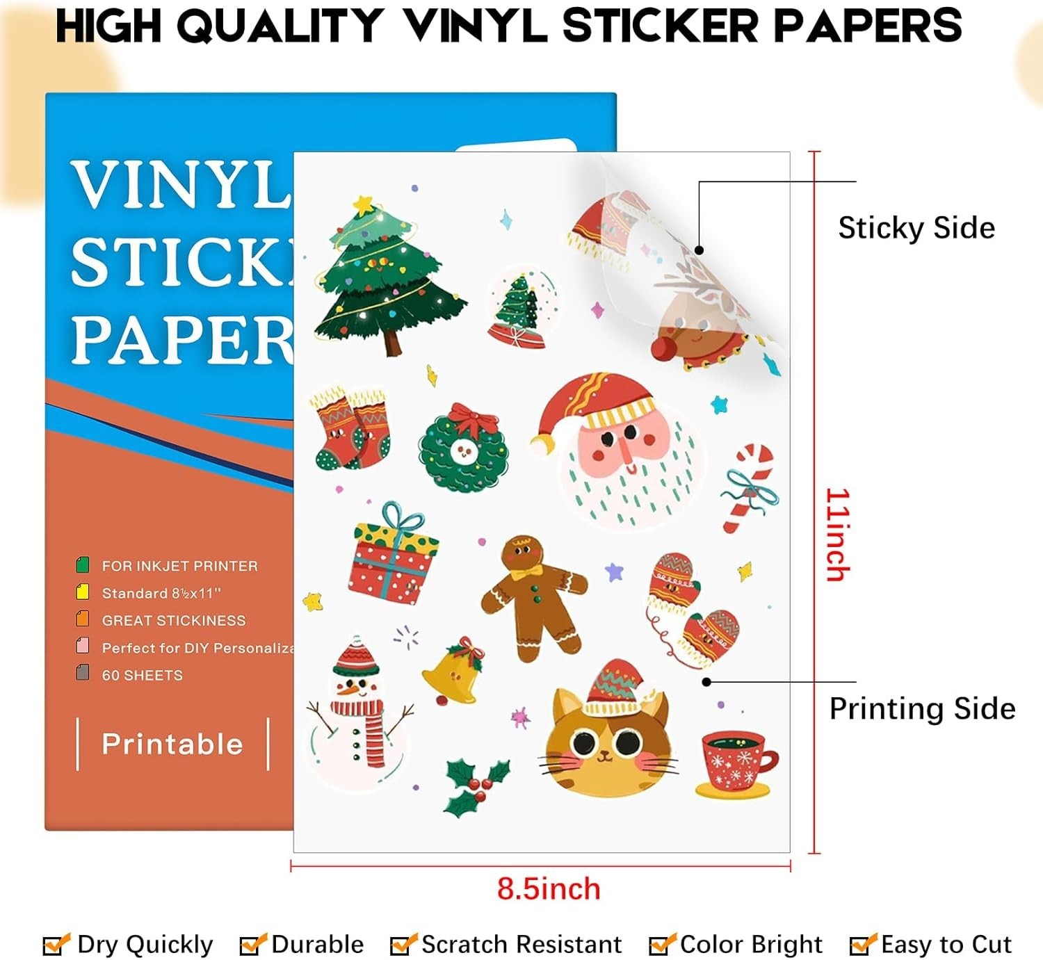 60 Sheets Printable Clear Vinyl Sticker Paper for Inkjet Printer, 8.5×11″ Tr…