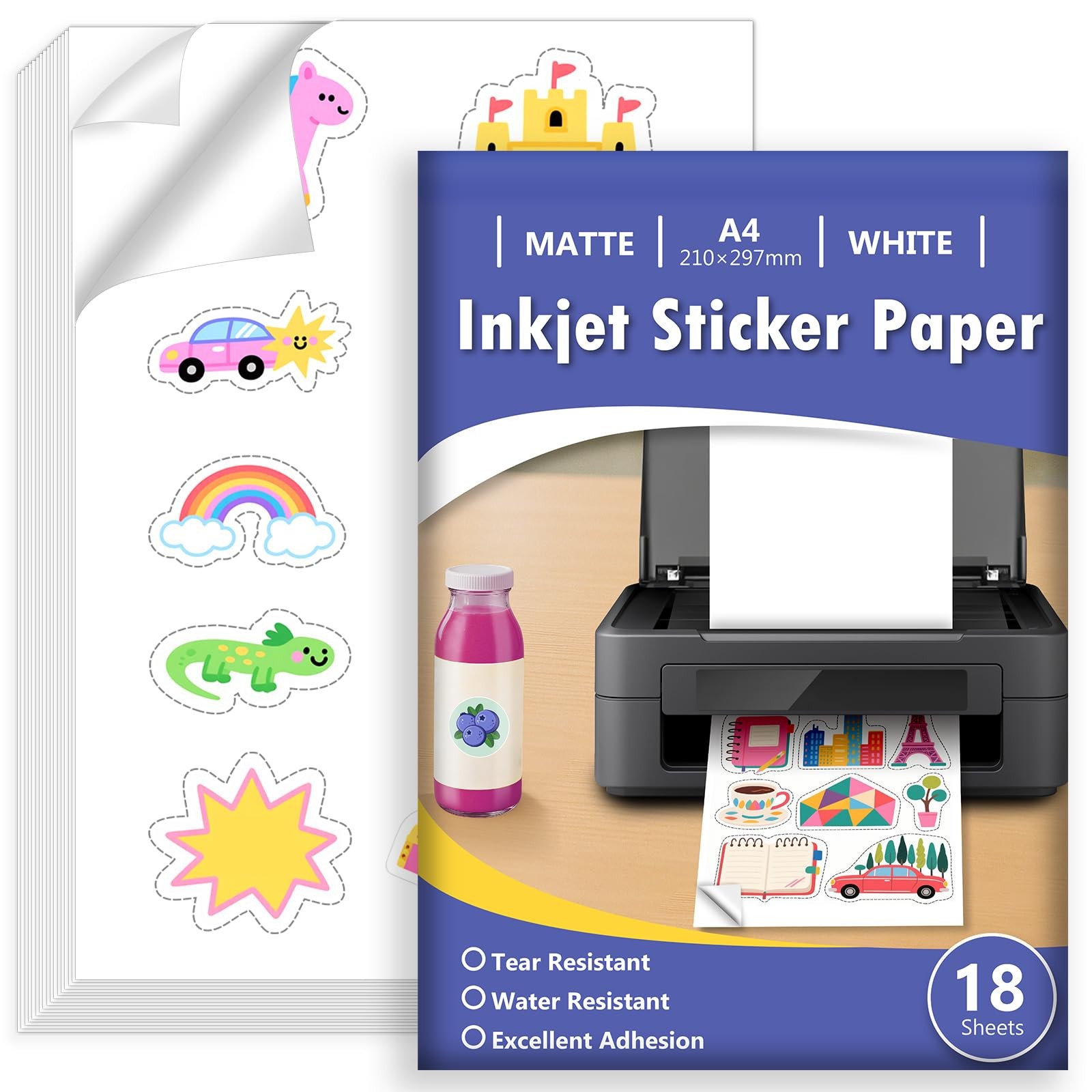 18 Sheets Sticker Paper for Self Printing A4, Matte White Waterproof Printing…