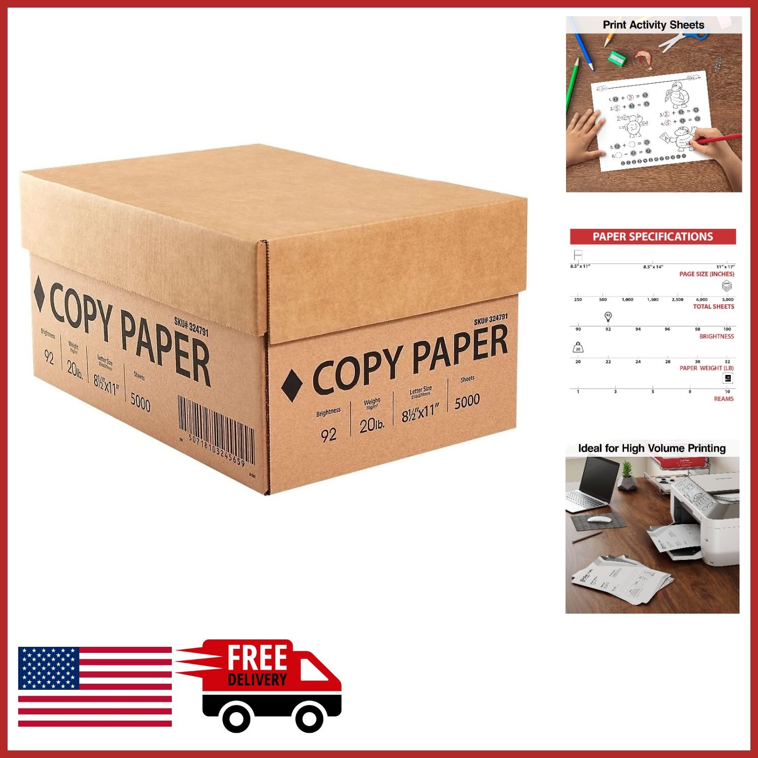 10 Reams of 8.5 x 11 Inch 20 lb Printer Paper 92 Bright White for Home Office