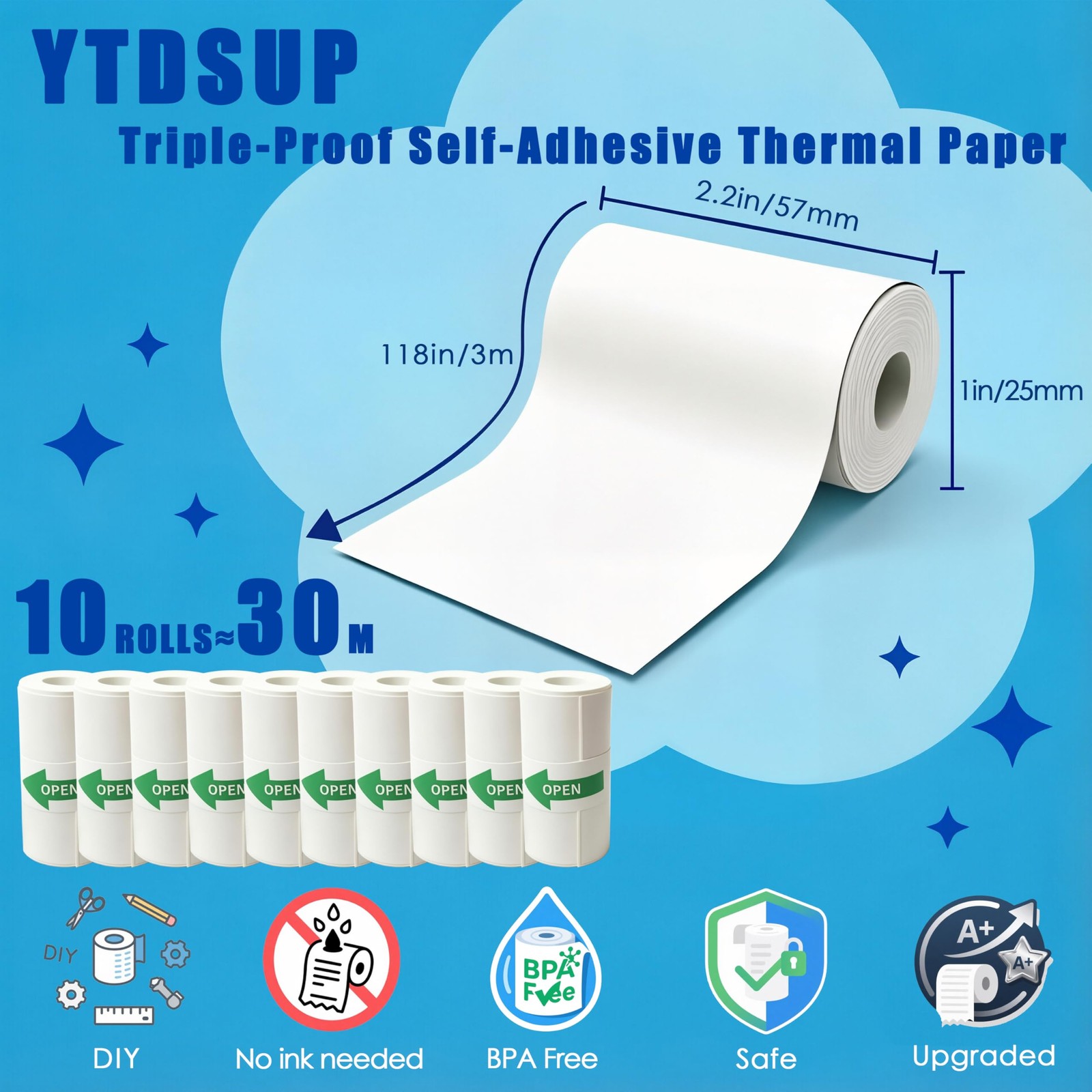 10 Rolls Mini Thermal Printer Sticker Papers 57X25mm Triple-Proof Self-Adhesi…