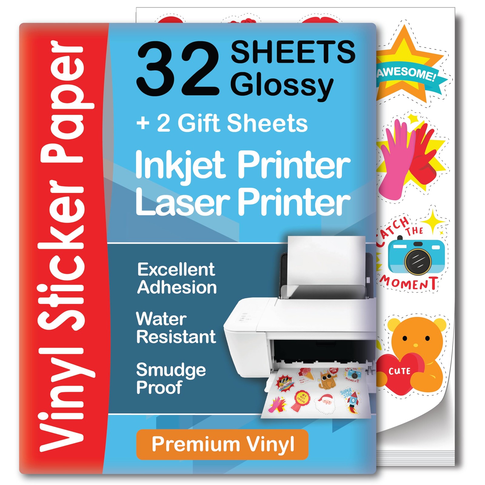 Printable Vinyl Sticker Paper – 32 Self-Adhesive Sheets, Waterproof, Quick-Dry