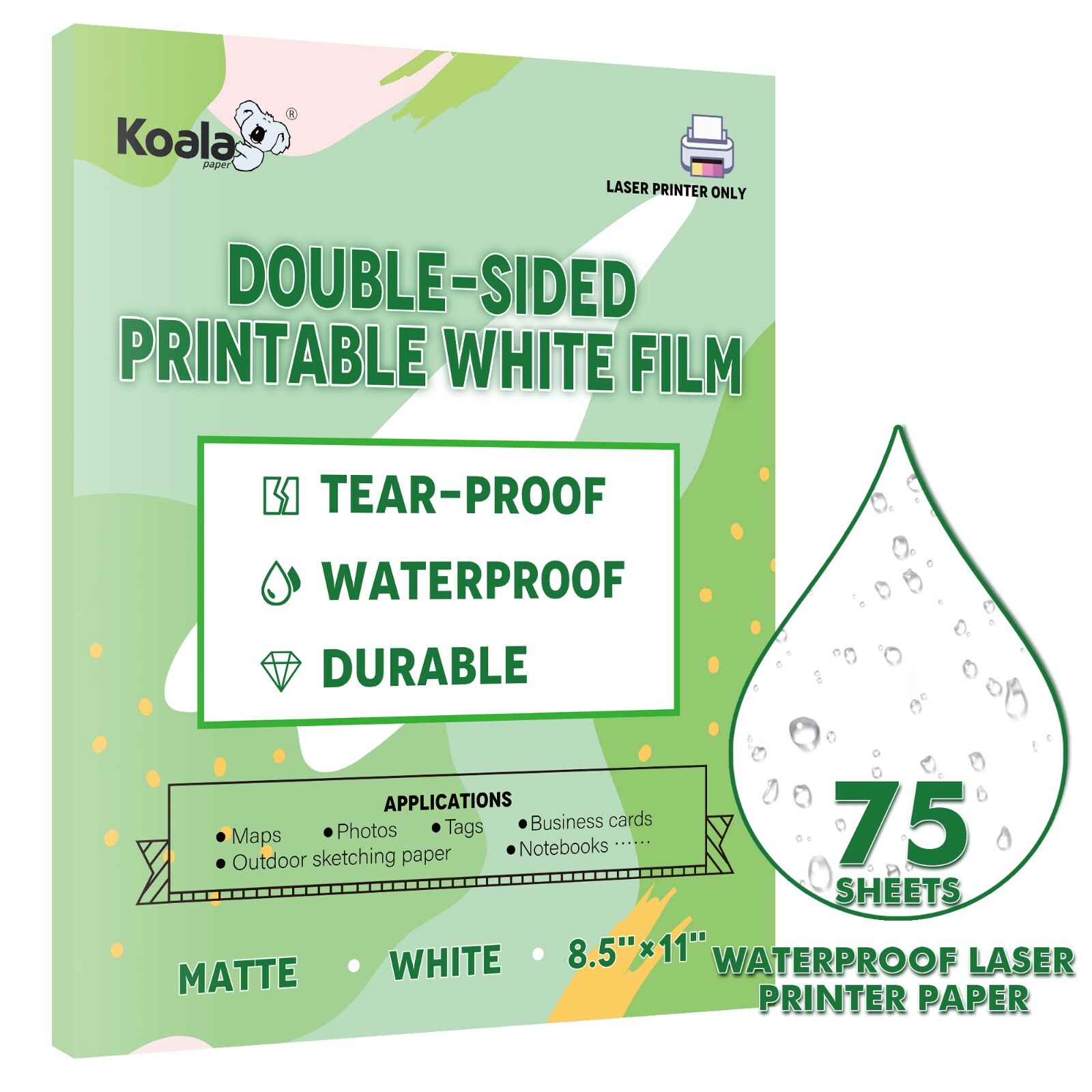 75PK Koala Double-sided Waterproof Printer Paper Laser Matte Outdoor Use 8.5×11