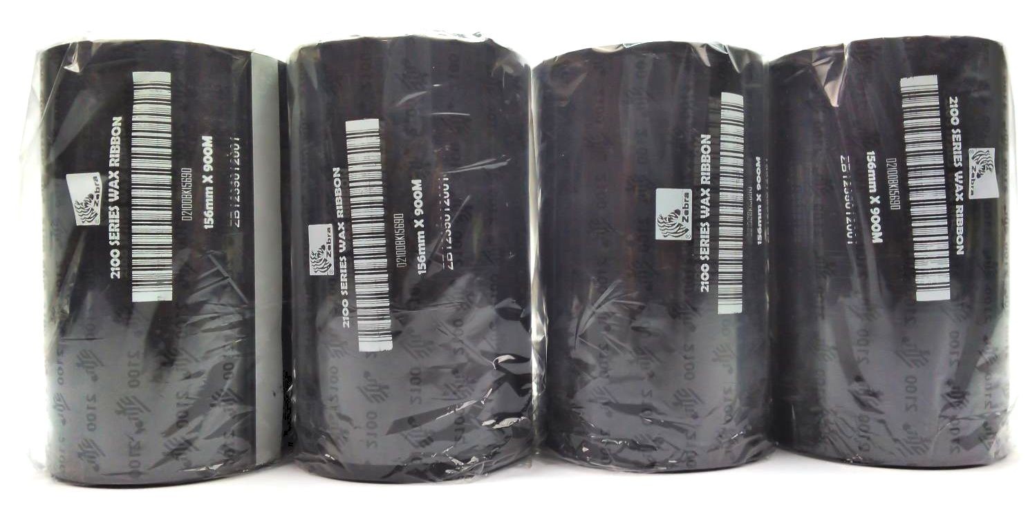 Zebra 156mm x 900M 2100 Wax Ribbons Black 02100BK15690 Genuine OEM – 4 Rolls