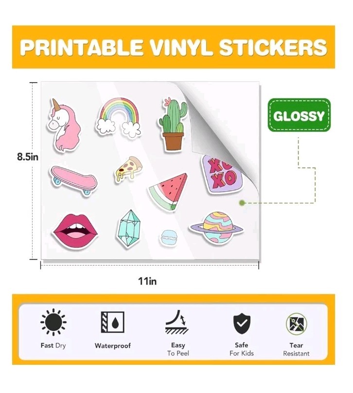 Glossy Vinyl Sticker Paper 20pc 8.5 x 11 for Inkjet & Laser, Compatible W Cricut