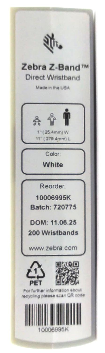 Zebra 1″ x 11″ Z-Band Direct Wristbands White 10006995K Genuine OEM – 3 Pack