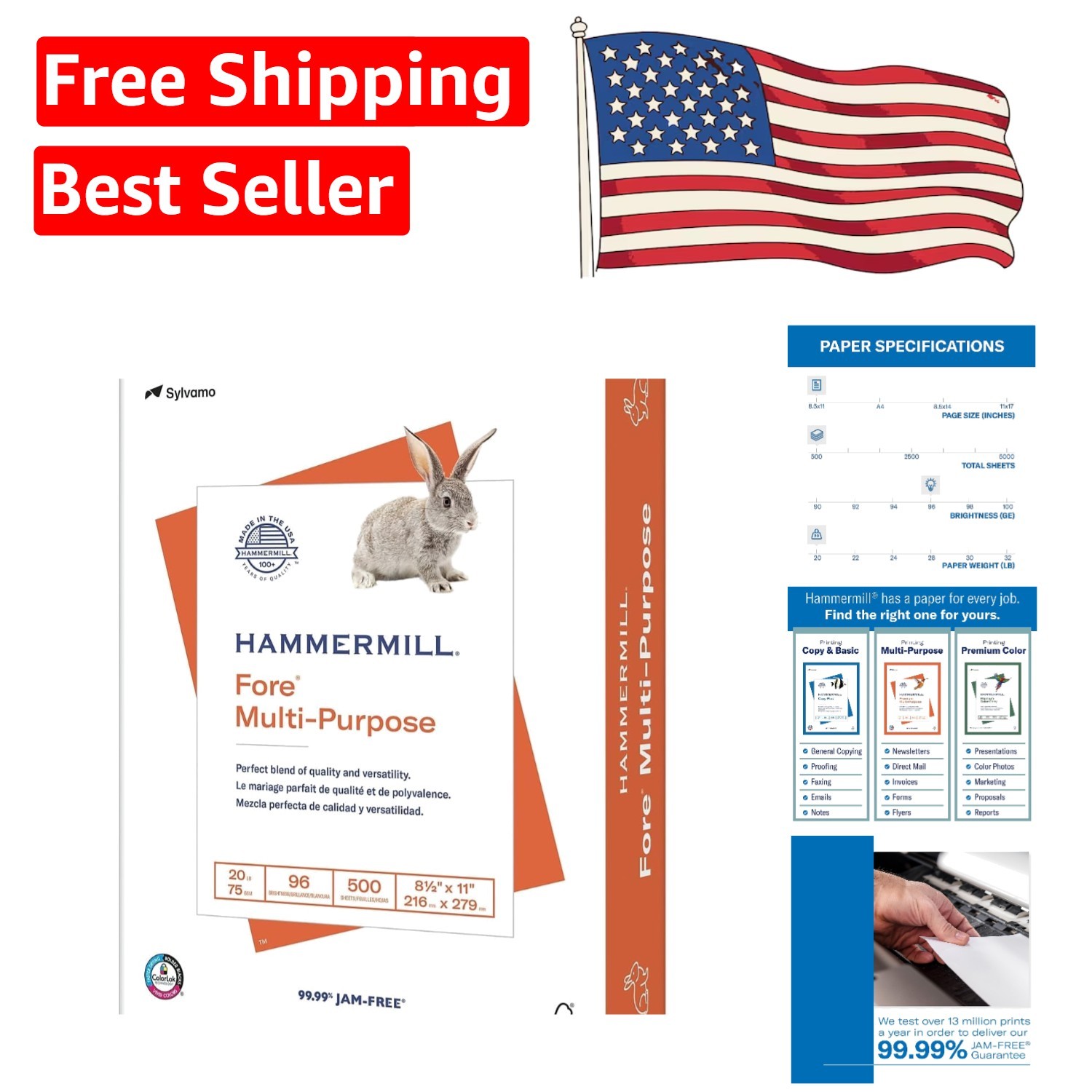 500 Sheets of Fore 20 lb Copy Paper – 8.5×11, ColorLok Technology, Bright White