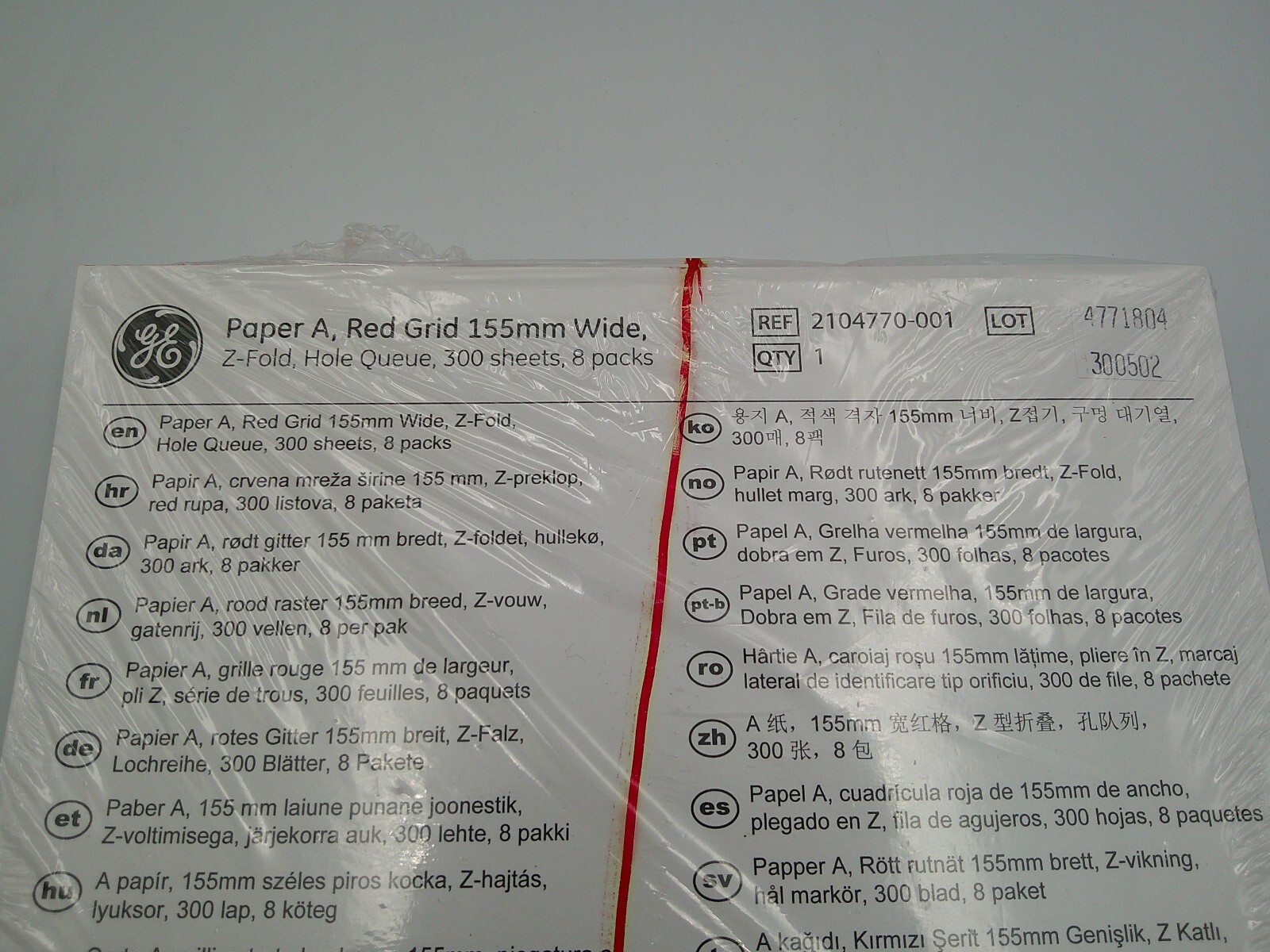 GE Healthcare 2104770001 Z-Fold Paper A, Red Grid 155mm Wide 300 Sheets DK