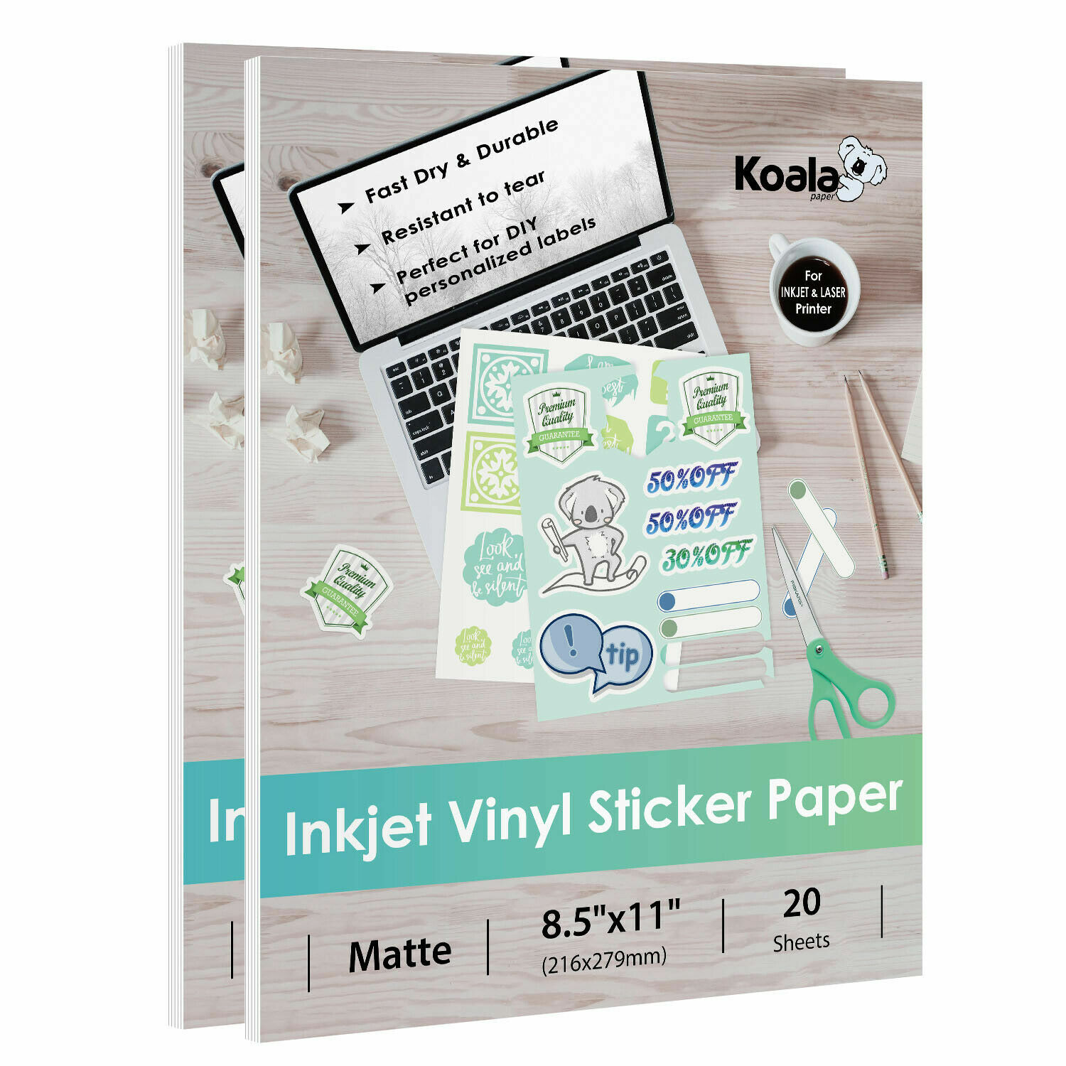 40 Koala Sticker Paper for Inkjet Printer Waterproof Printable Vinyl Matte White