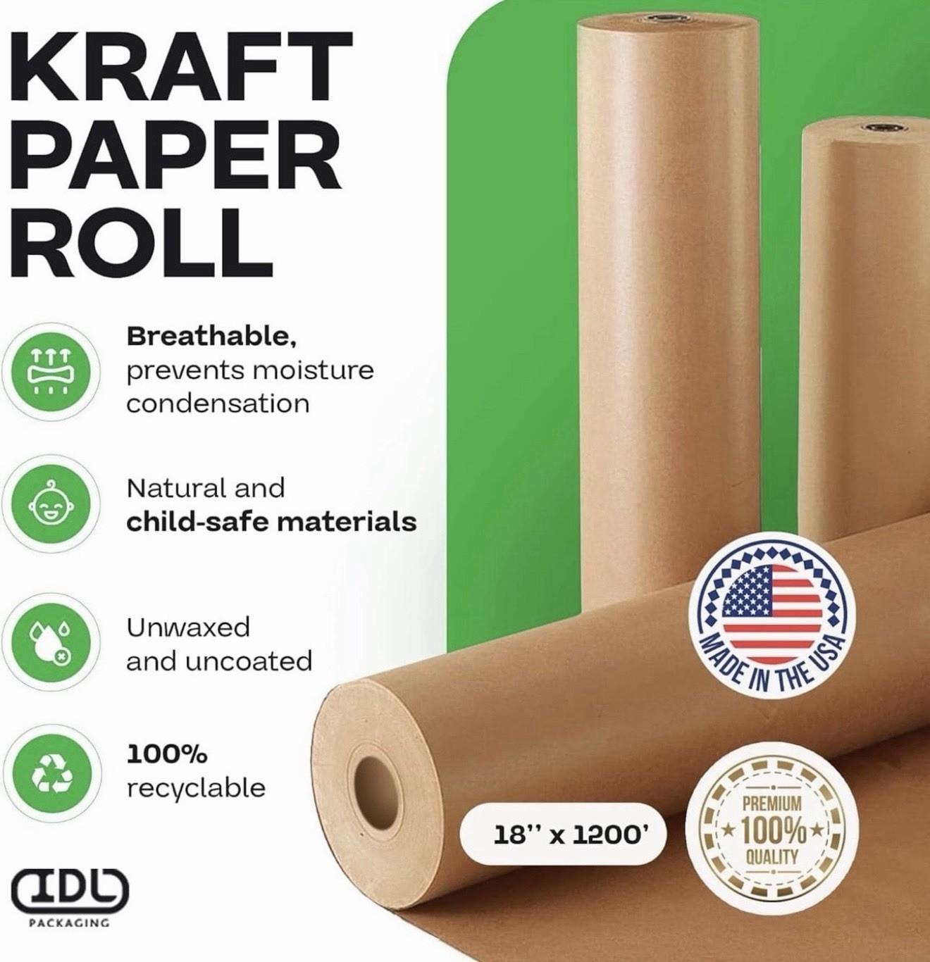IDL Packaging Large Brown Kraft Paper Roll 18″ x 1200 feet (14400 inches) – N…
