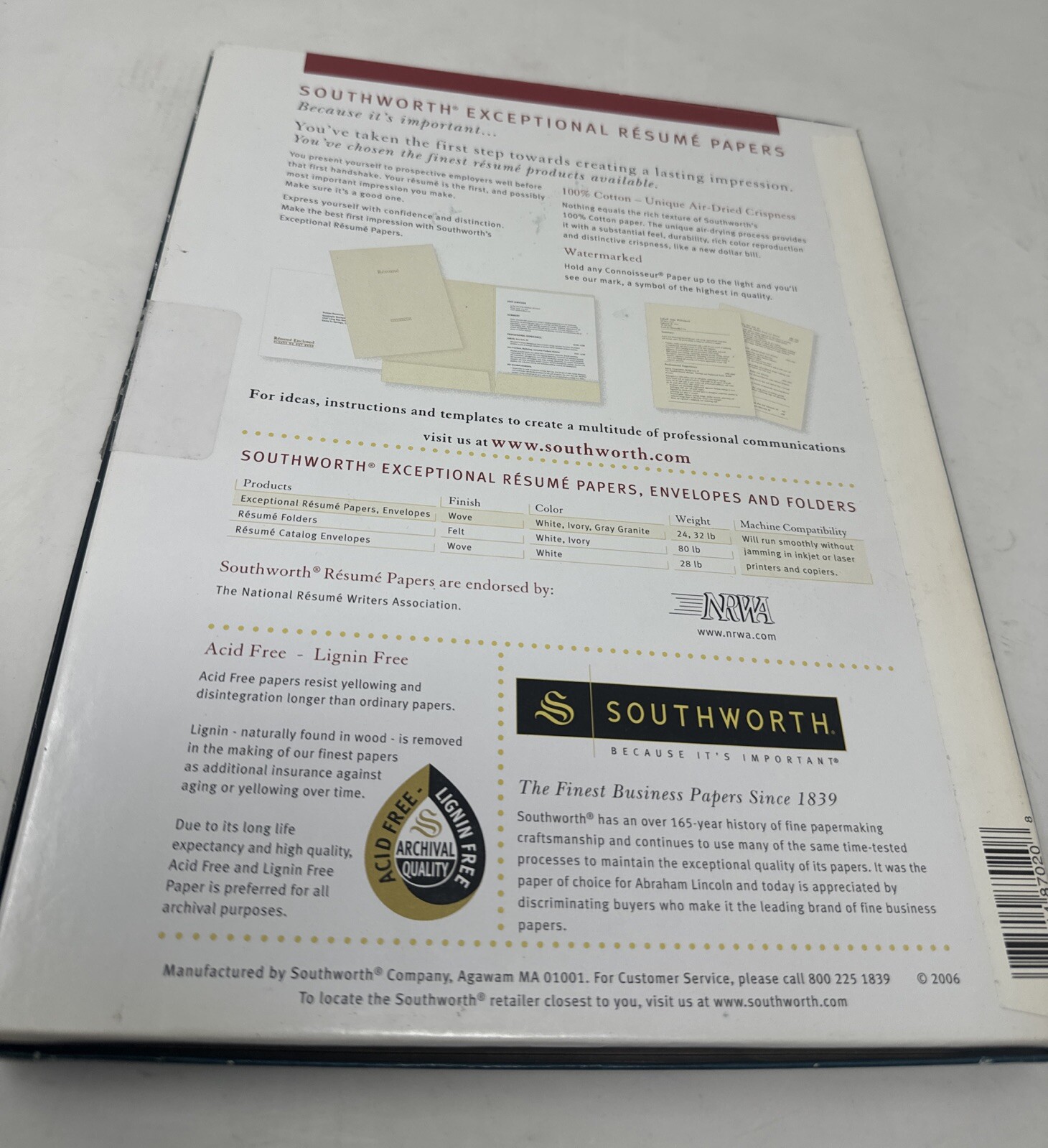 Southworth 100% Cotton Resume Paper Ivory 24 lbs. 8-1/2 x 11 Wove 100/Box R14ICF