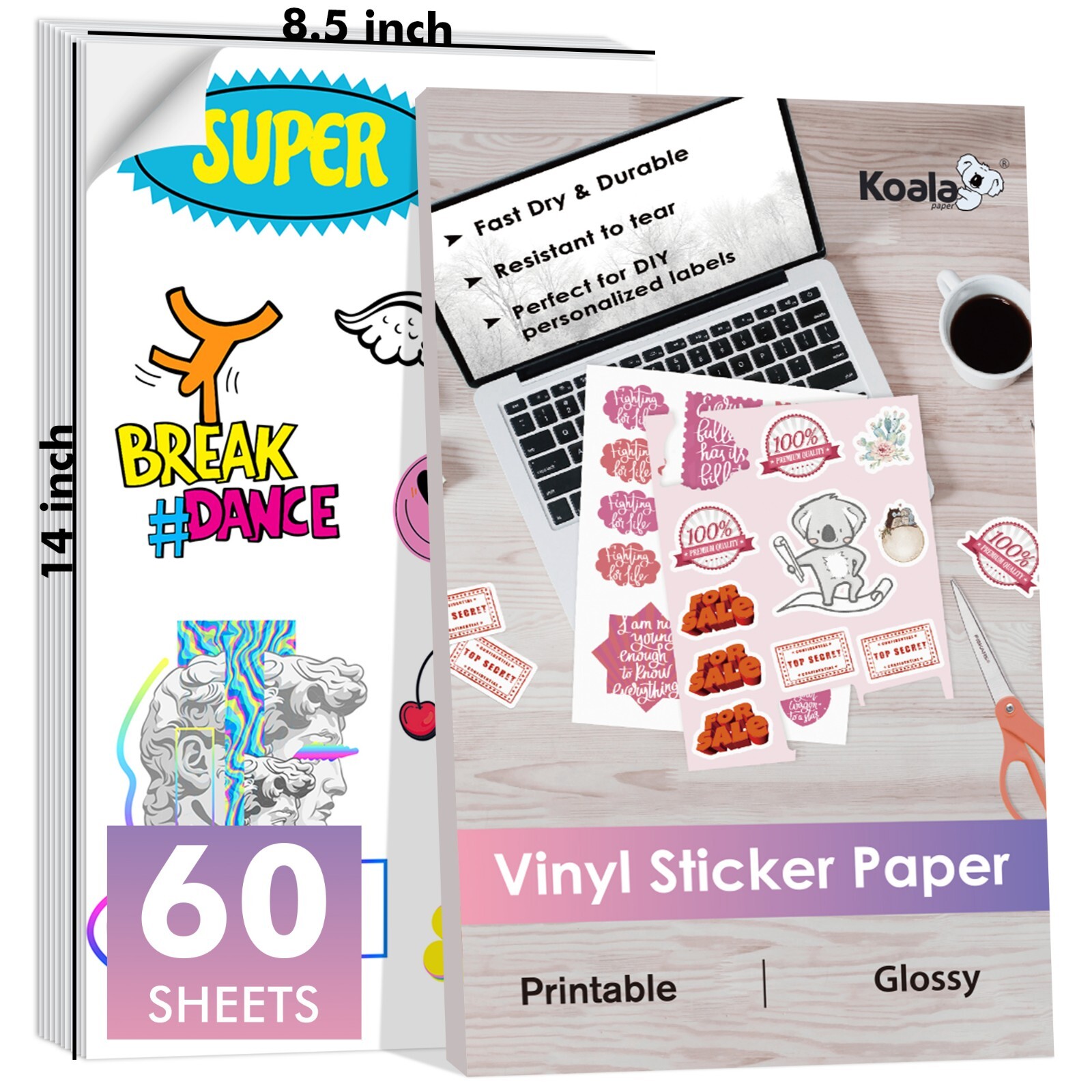 Koala Printable Vinyl Sticker Paper 8.5×14 Waterproof Glossy 60PK Inkjet Laser