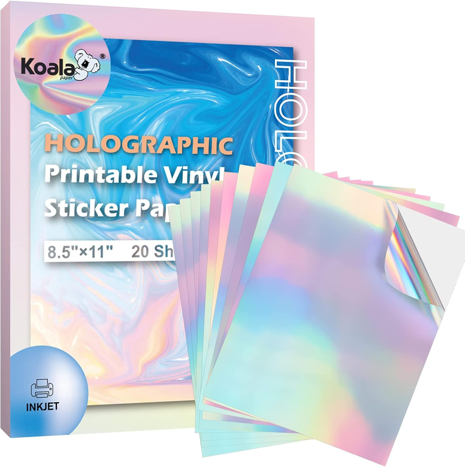 Koala Holographic Sticker Paper for Inkjet Printer – 20 Sheets 8.5X11 Inch, Rain