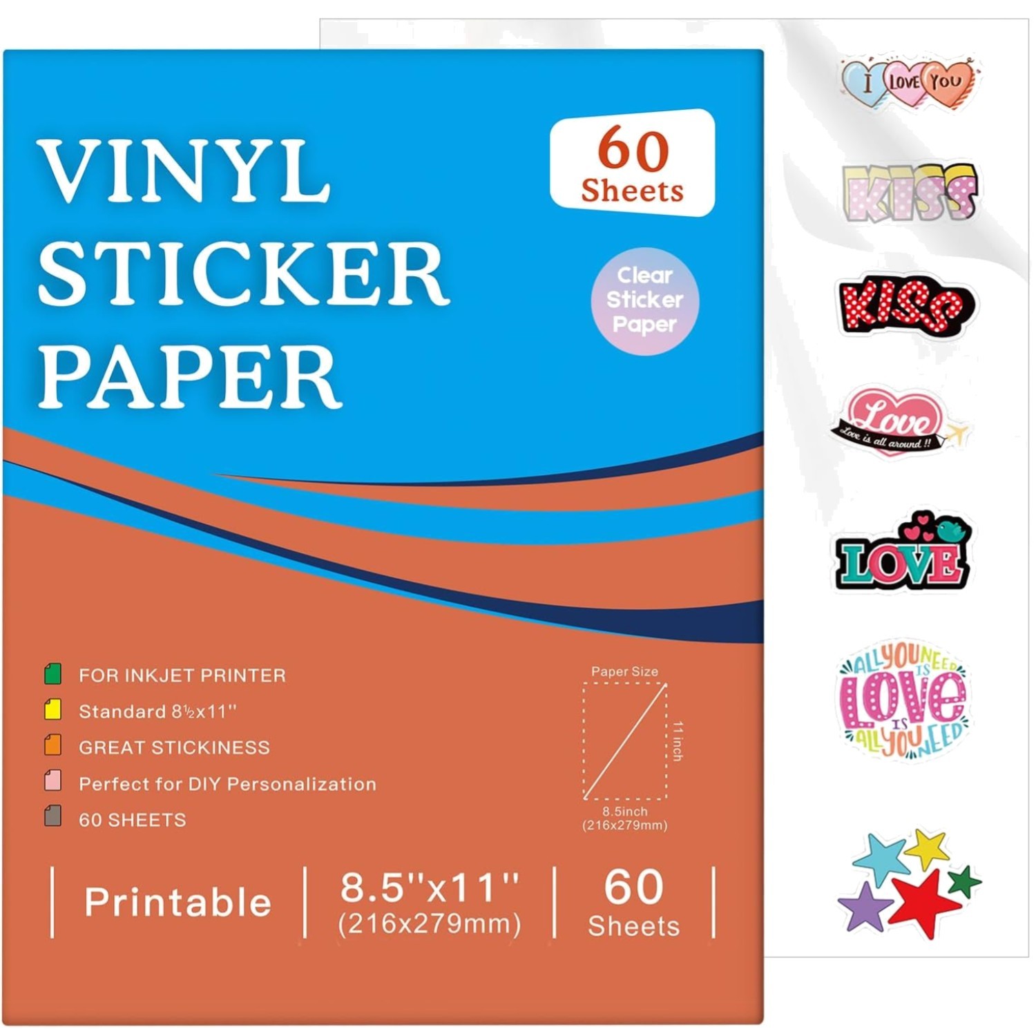 60 Sheets Printable Clear Vinyl Sticker Paper for Inkjet Printer, 8.5×11″ Tr…