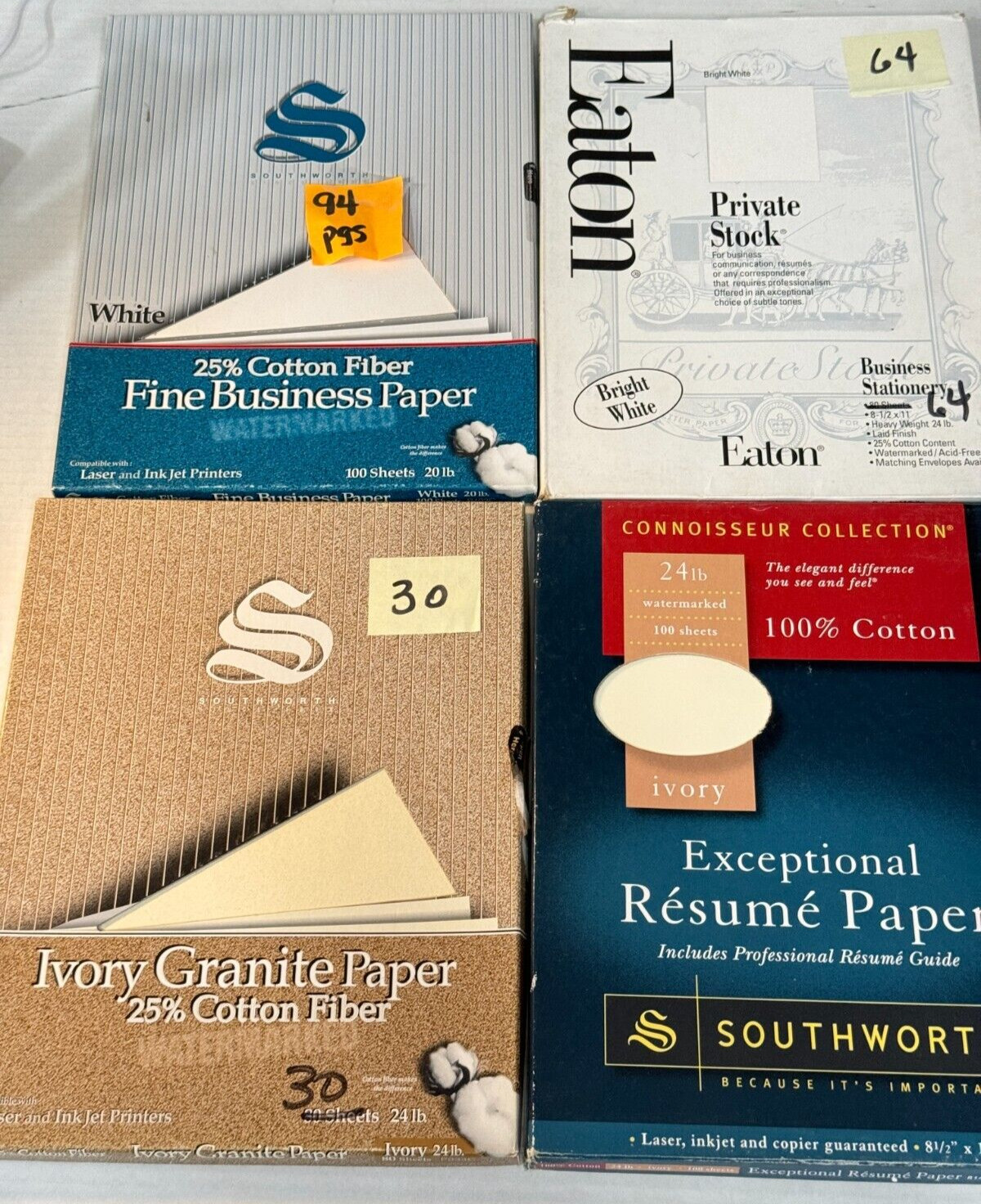 Résumé Paper Cotton Fiber, Granite Ivory & White Letter 8 1/2″ x 11″ LOT of 4